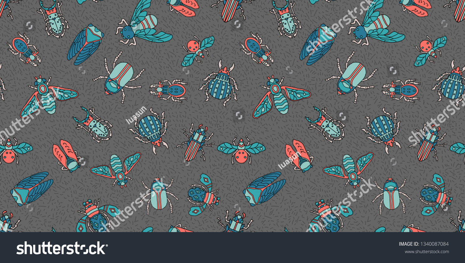 SVG of beetles, fly maryls, insects seamless pattern doodling svg