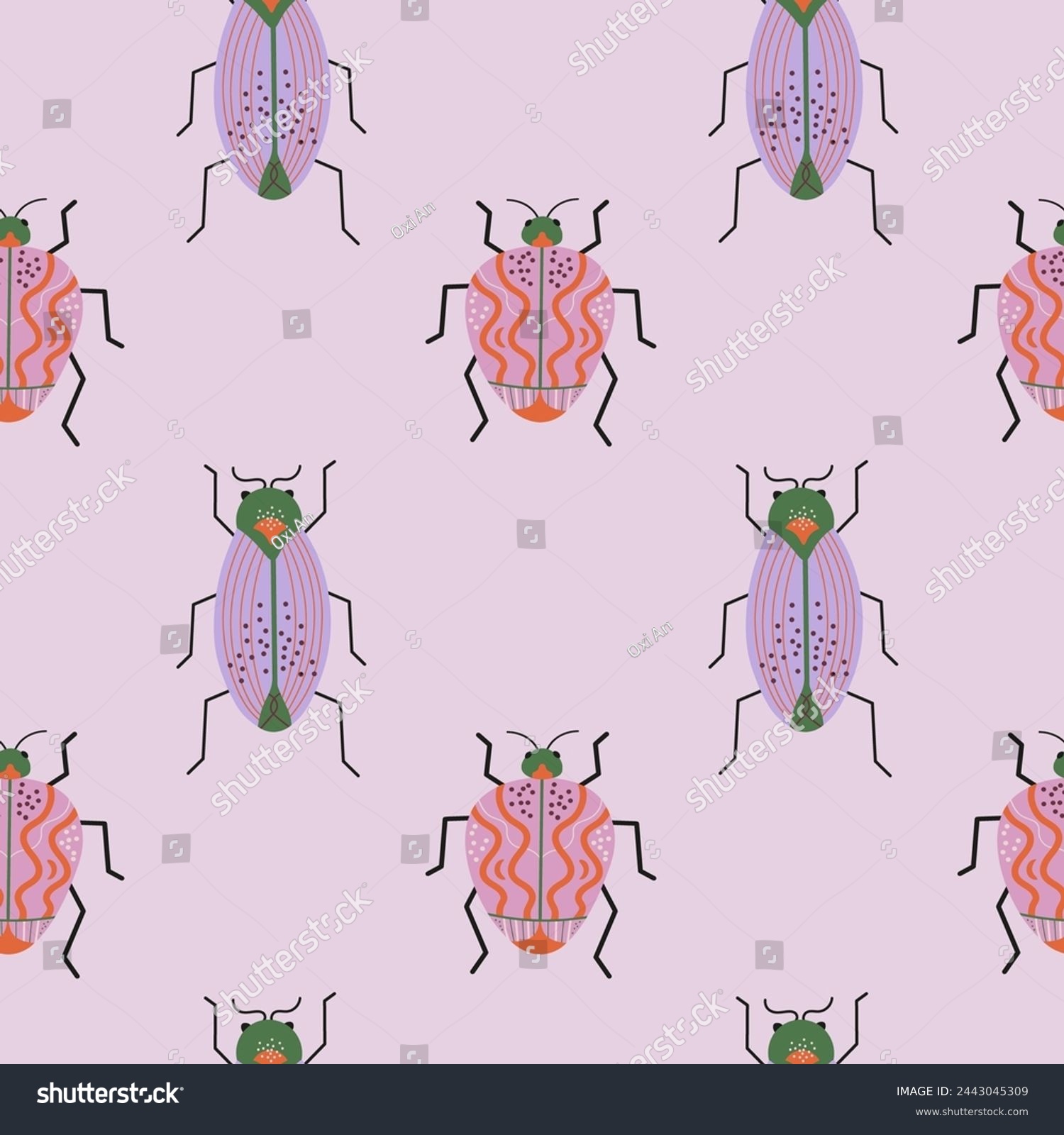 SVG of Beetles seamless pattern hand drawn flat vector illustration, fantastic bug repeating background. Decorative abstract Insect fantasy fauna species, wild life, animal. For textile, card, print, paper svg
