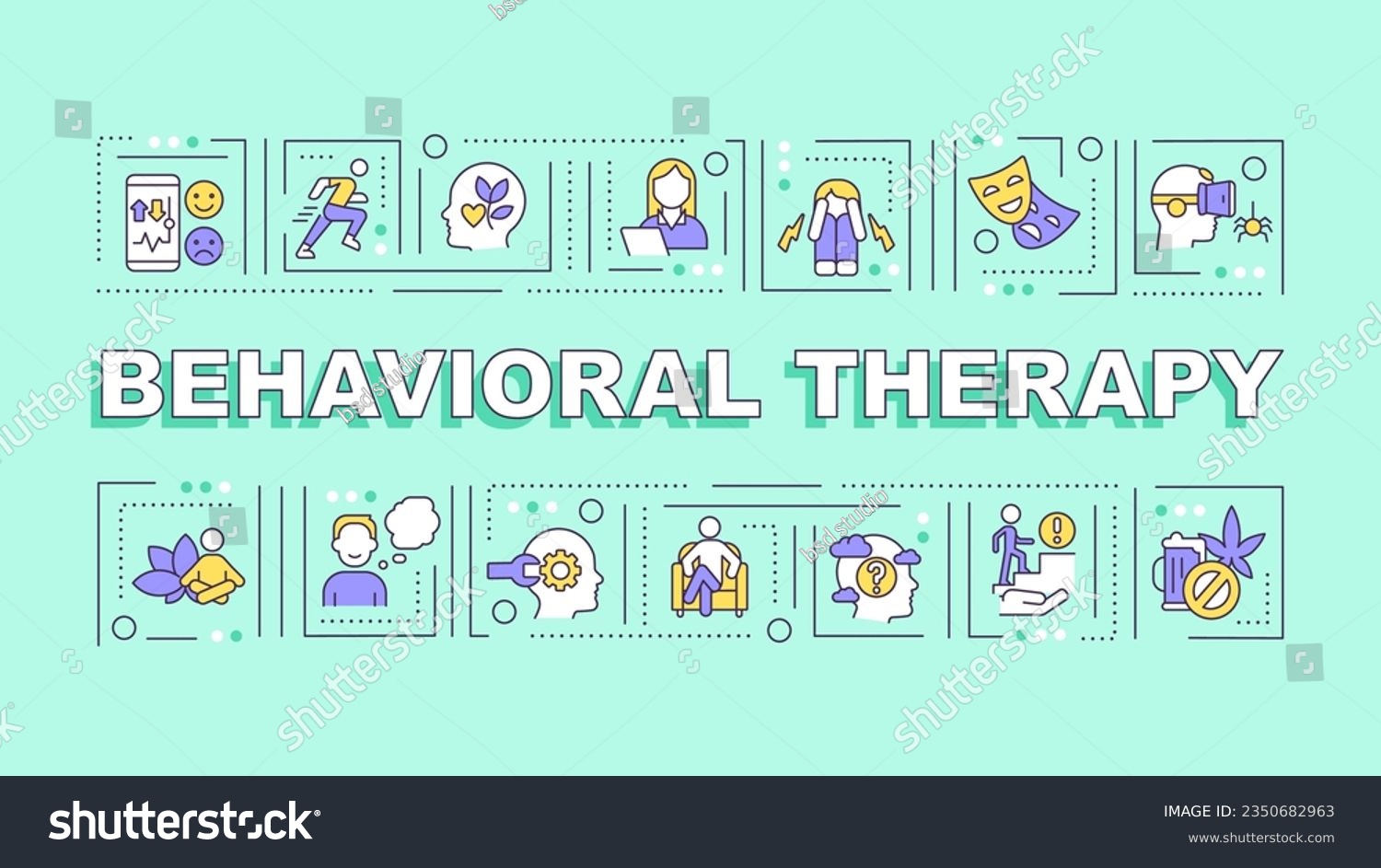 SVG of Behavioral therapy text with various thin linear icons concept on green monochromatic background, editable 2D vector illustration. svg