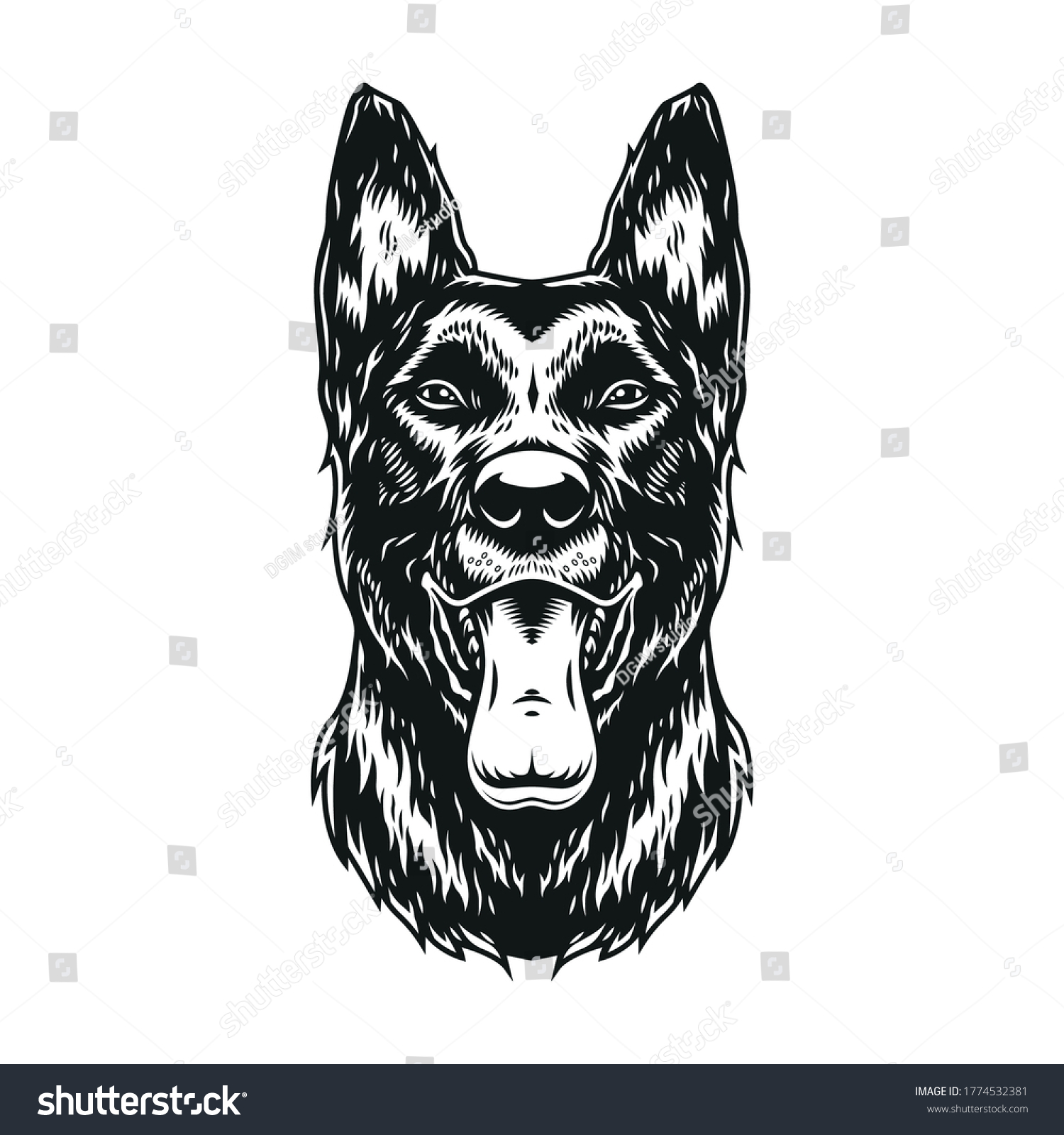 SVG of Belgian malinois dog with tongue out in vintage monochrome style isolated vector illustration svg
