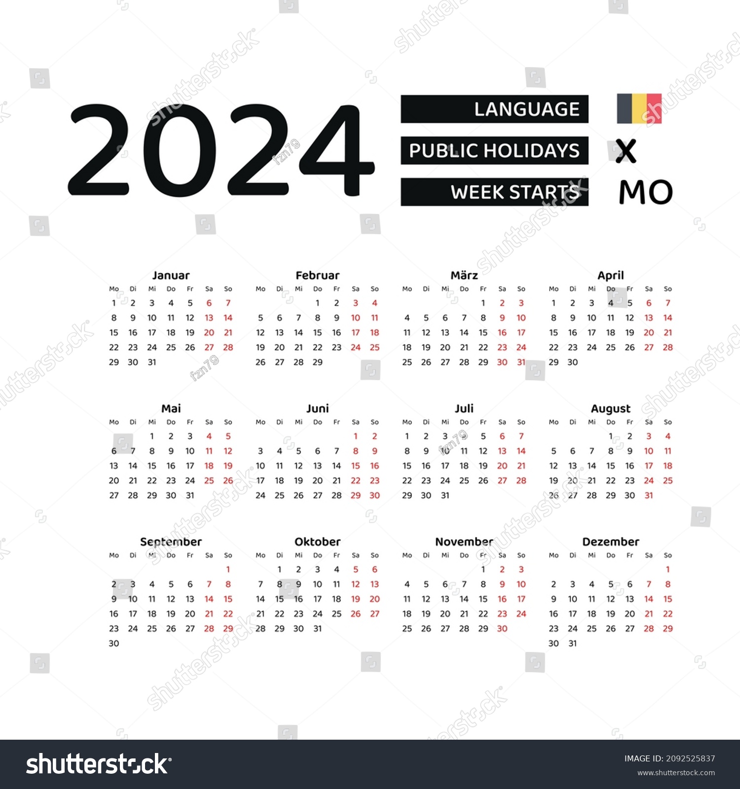 Belgium Calendar 2024 Week Starts Monday Stock Vector (Royalty Free