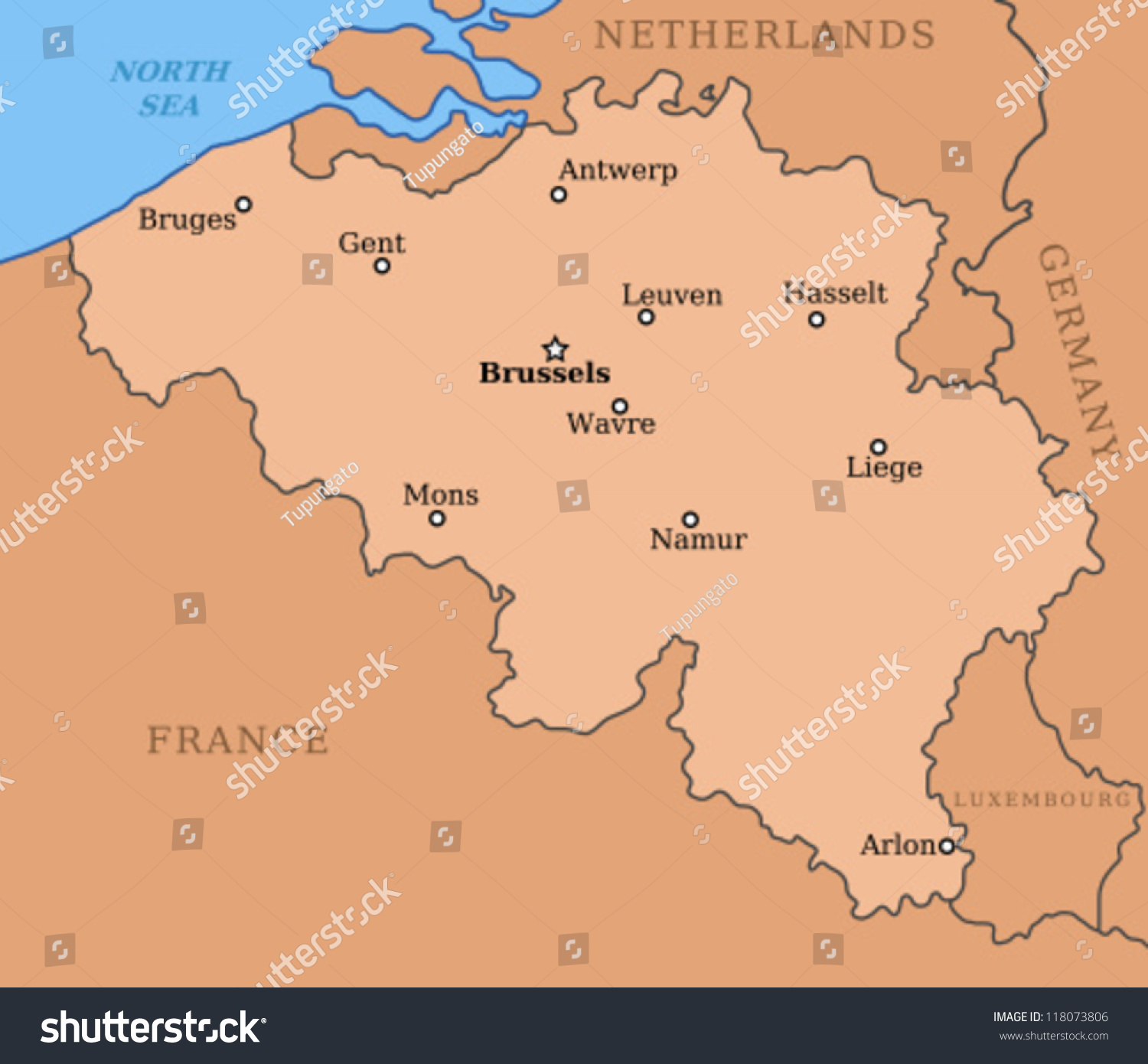 Belgium Map Major Cities Brussels Mons Stock Vector 118073806 ...