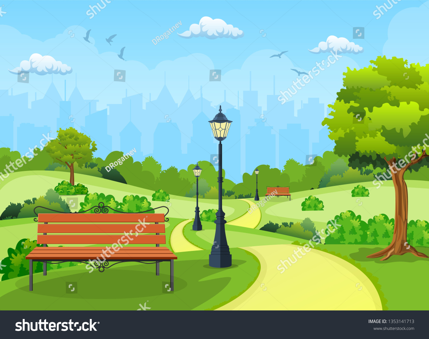 Bench Tree Lantern Park Vector Illustration Stock Vector (Royalty Free ...