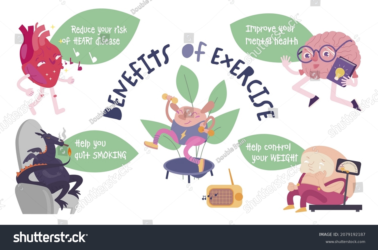 SVG of Benefits of exercise and physical activity. Healthy lifestyle. Health care, physiology medical concept. Modern cartoon style. Horizontal poster with unique characters. Editable vector illustration. svg