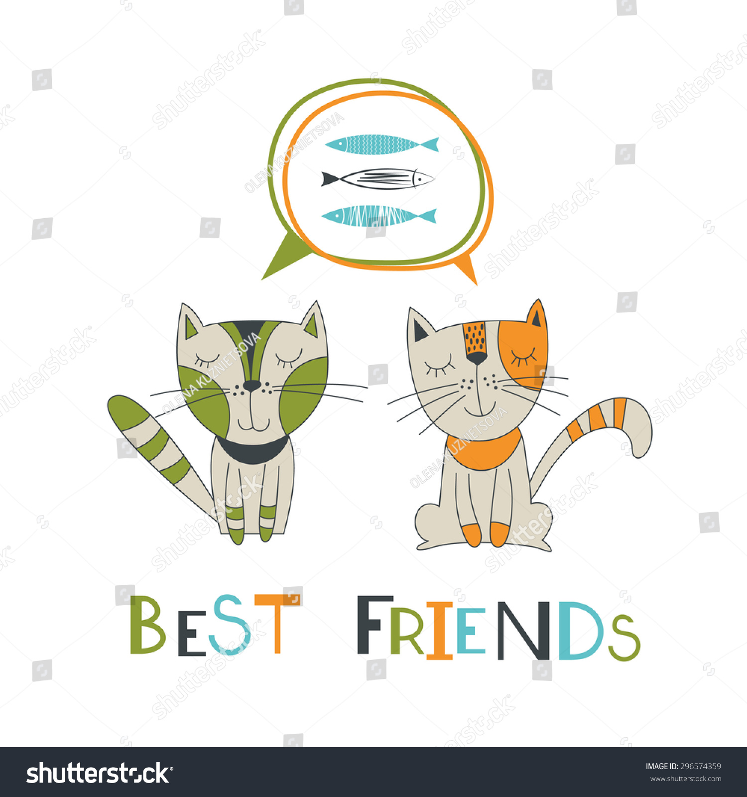 Best Friends Card With Fun Cats And Fishes. Vector Illustration ...