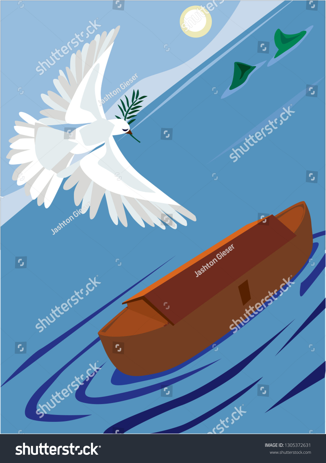 トレンディなフラットスタイルの聖書のイラストベクター画像 ノアの箱舟に戻る鳩がオリーブの枝を持つ姿を描く のベクター画像素材 ロイヤリティフリー