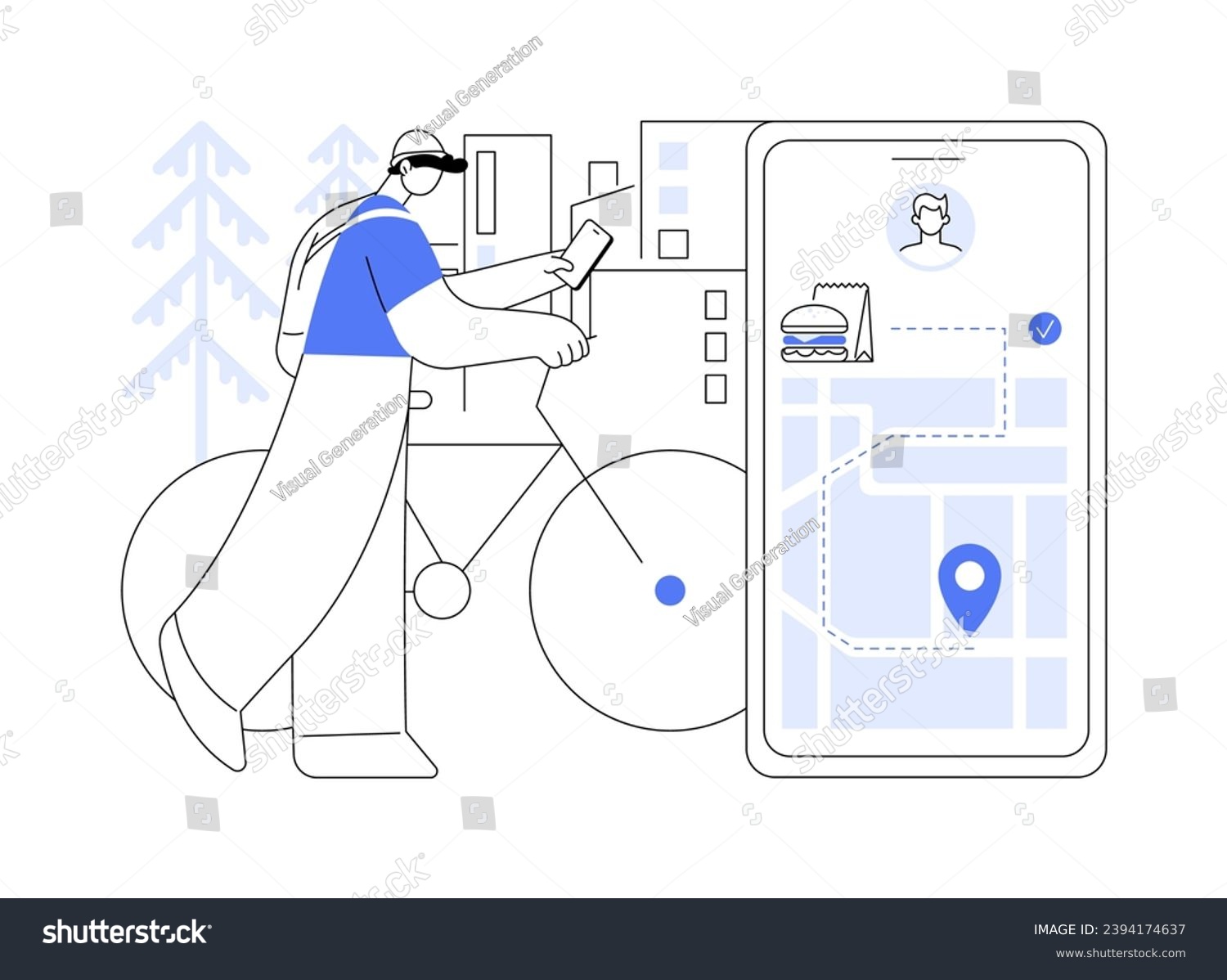 recommend clip art: Bicycle delivery abstract concept vector illustration. Smiling courier with smartphone delivers food riding a bike, commercial city transportation, shipping meal from restaurant abstract metaphor.