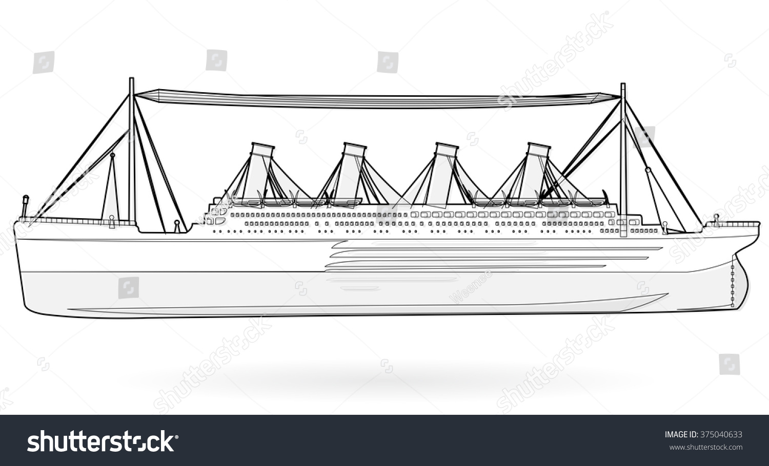 Big boat legendary colossal boat, black and white wire monumental big ship symbol icon flatten