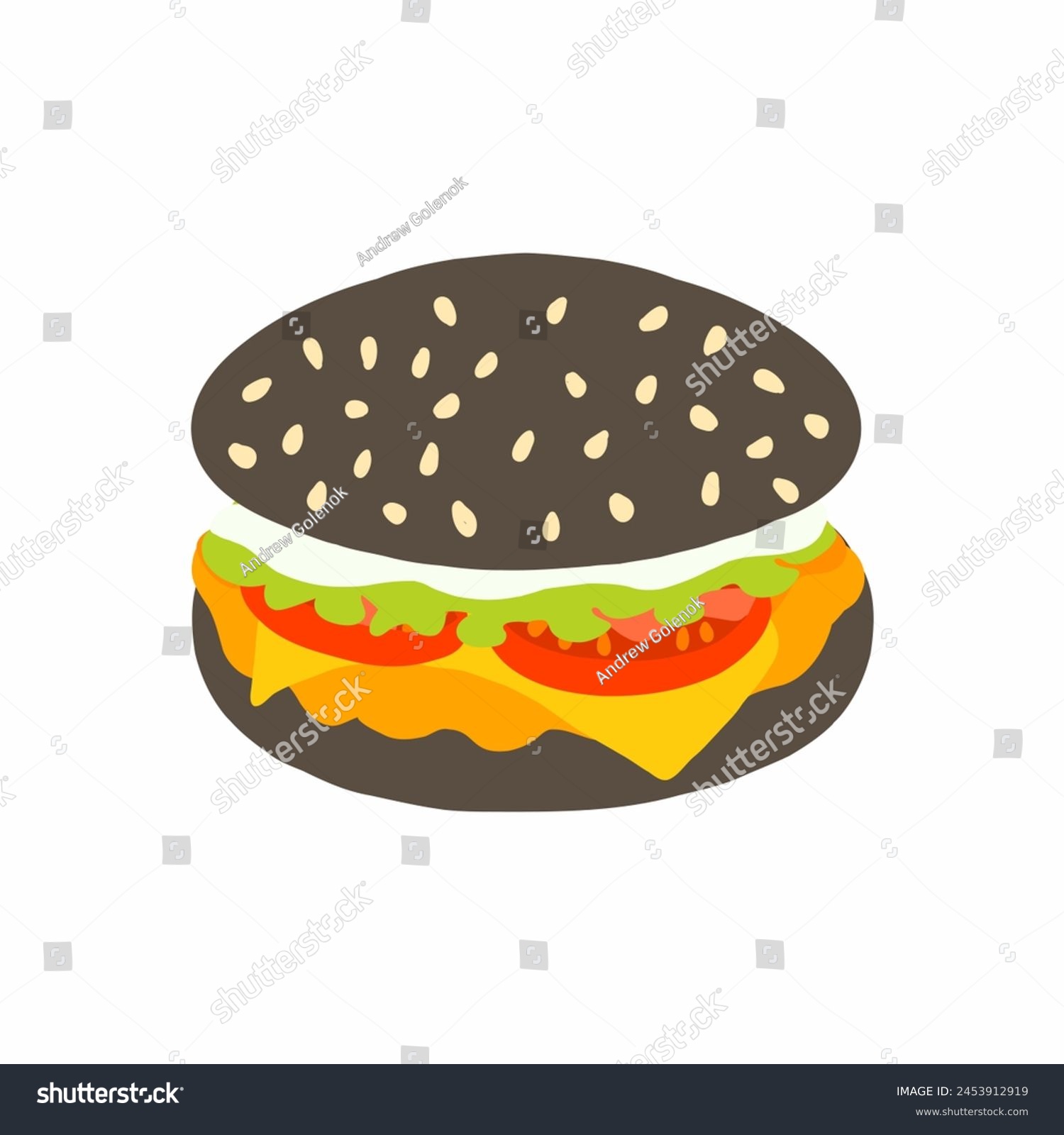 SVG of Big burger with black bun, chicken cutlet, fresh tomato, salad leaf, cheese and mayo sauce icon in cartoon flat style. Vector illustration isolated on white background. For menu, poster, restaurant. svg