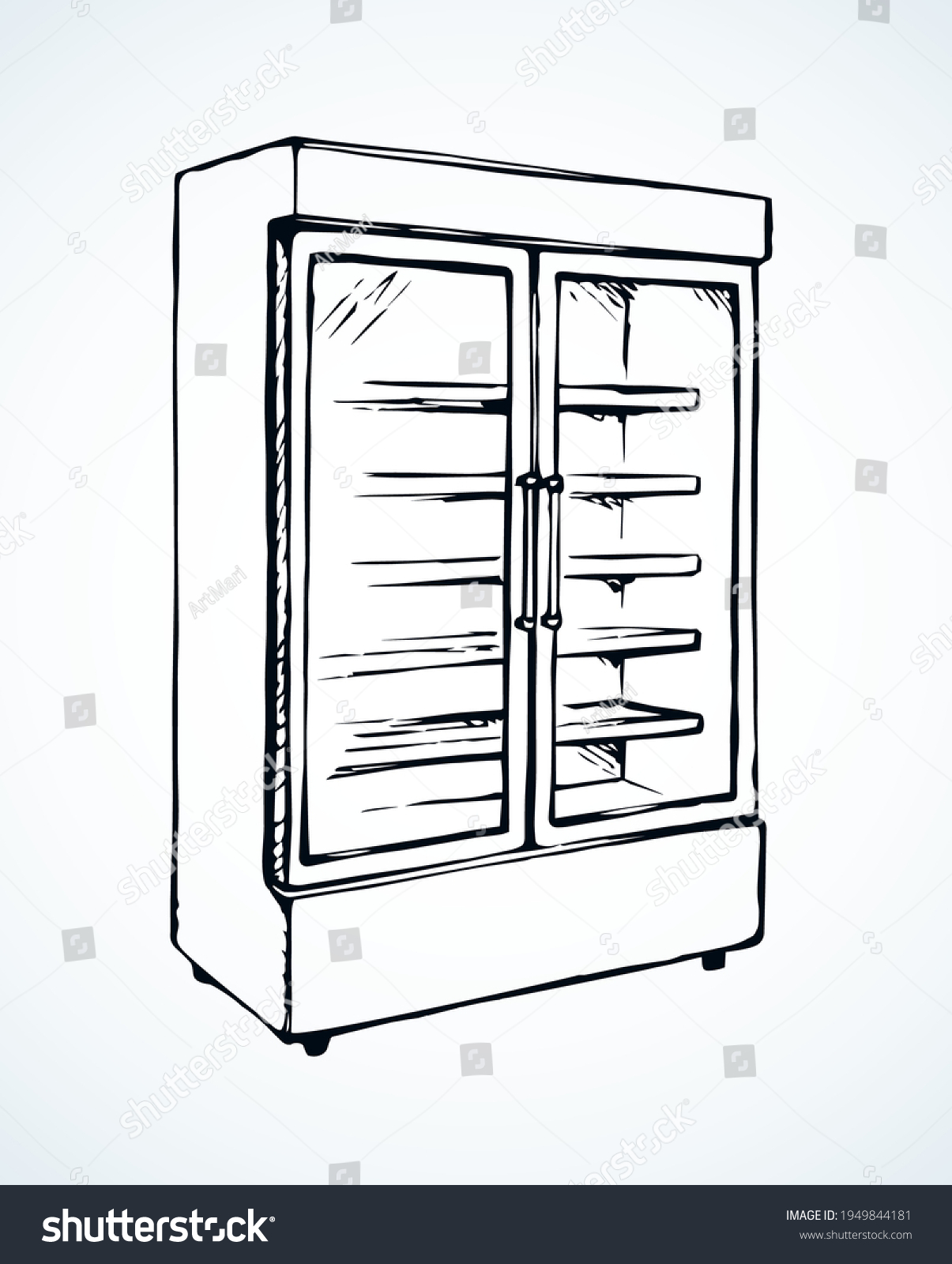 SVG of Big chiller show ice soda good case icebox stand on white background. Line black hand draw empty rack chest box cafe aisle device symbol sign in art modern doodle cartoon style on paper space for text svg