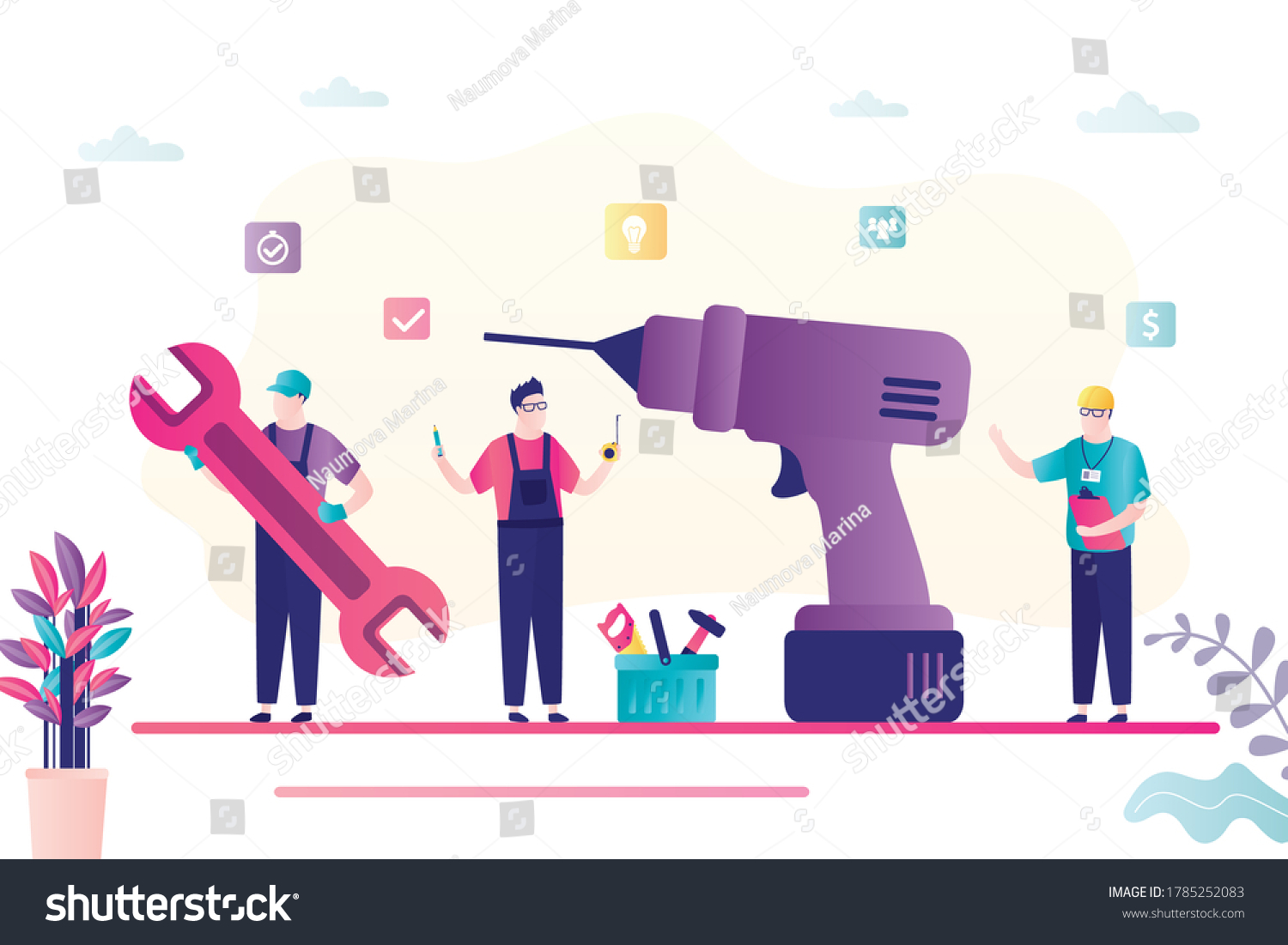 SVG of Big drill and team of servicemen in uniform. Group of repairman with various tools. Repair service, banner template. Male workers and toolbox nearby in trendy style. Flat vector illustration svg