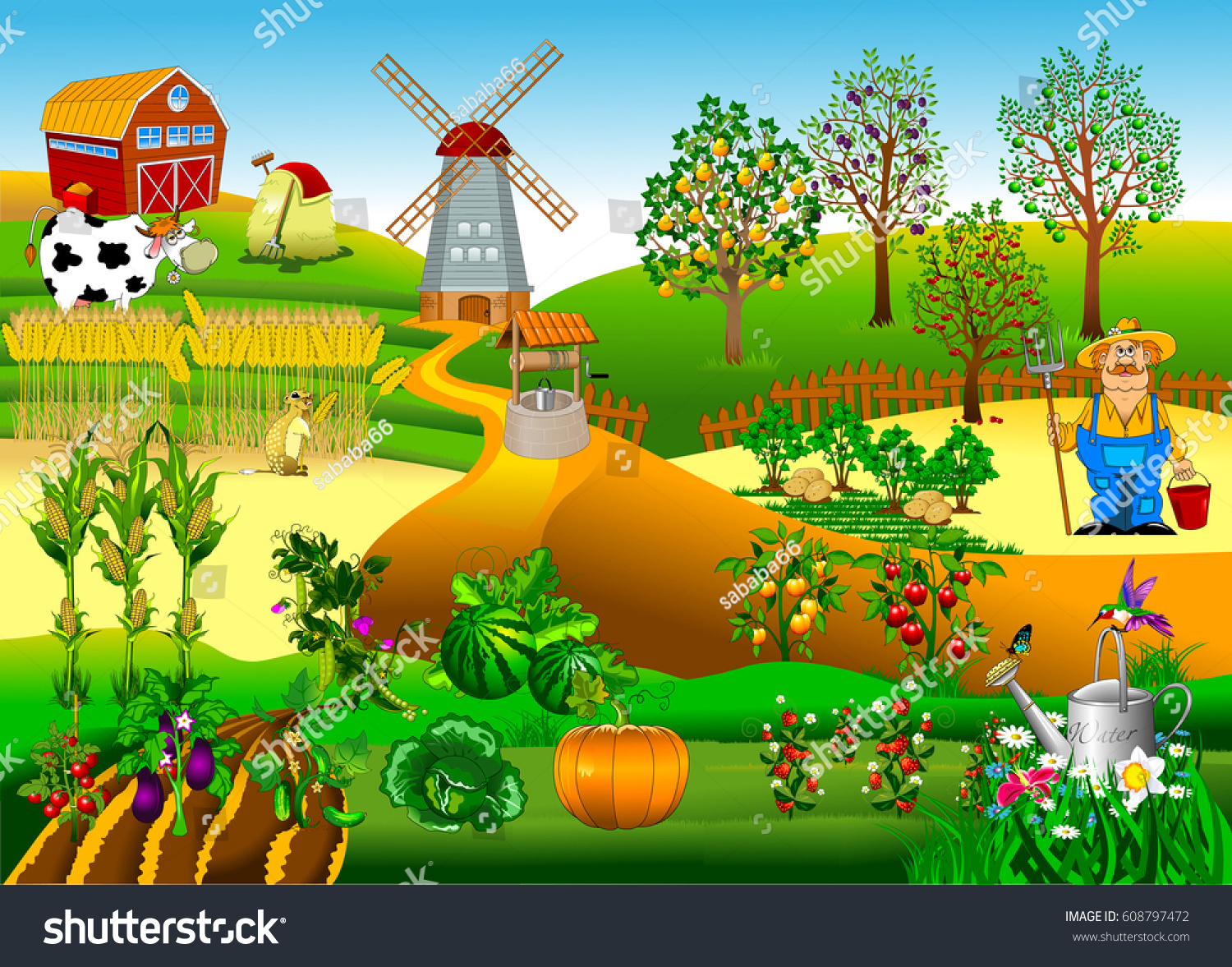 Big Farm Windmill Fruit Garden Vector Stock Vector 608797472 - Shutterstock