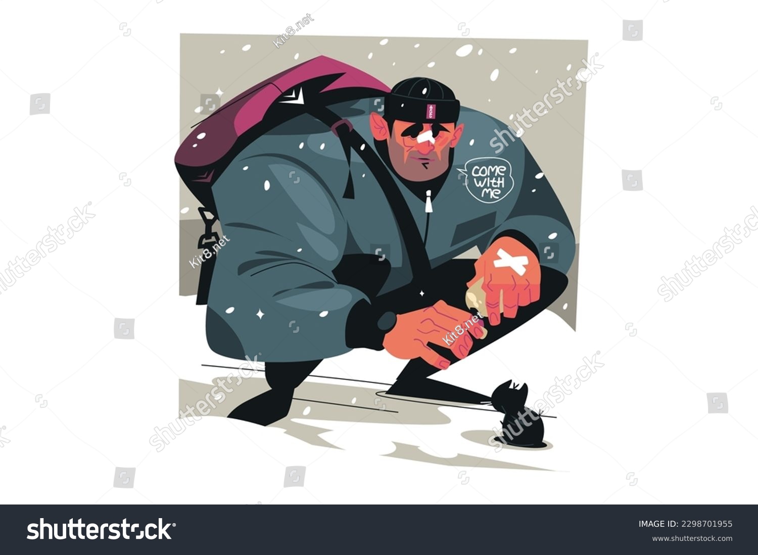 SVG of Big man feeds kitten frozen in cold, vector illustration. Caring the needy, helping homeless animals concept. svg