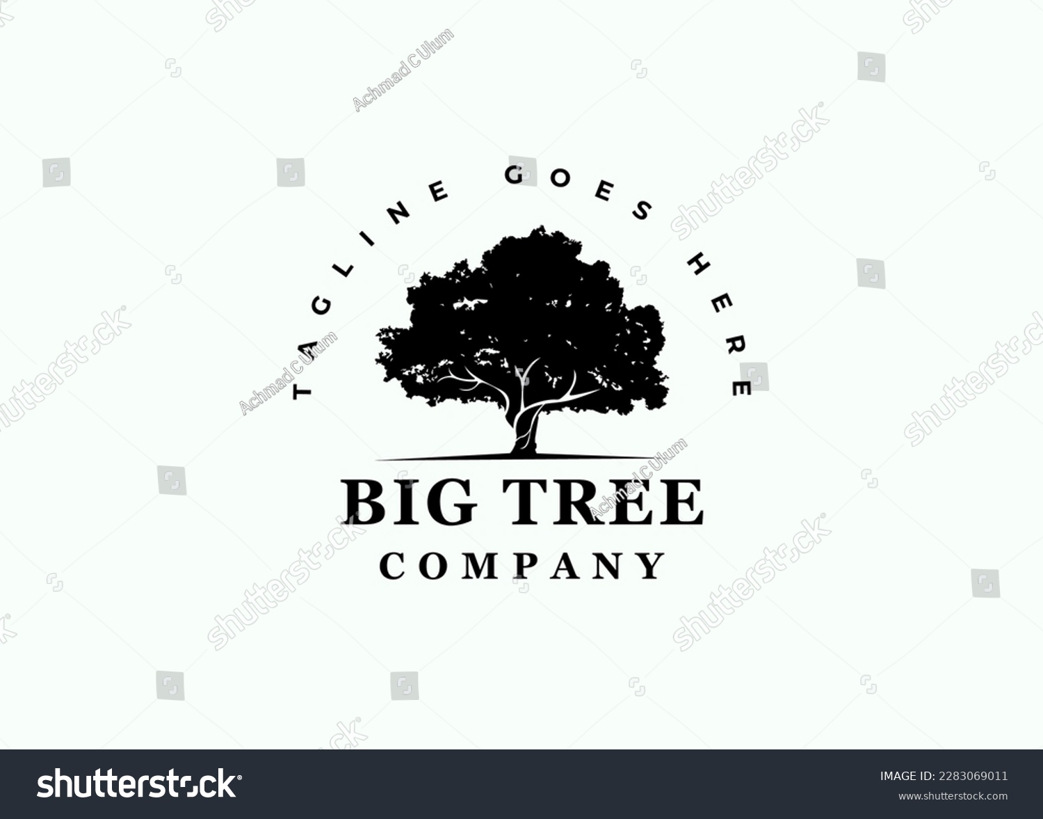 SVG of Big Oak Tree silhouette logo is a logo design that illustrates a large oak tree logos with vintage style for logo conservation, residential services, etc. svg