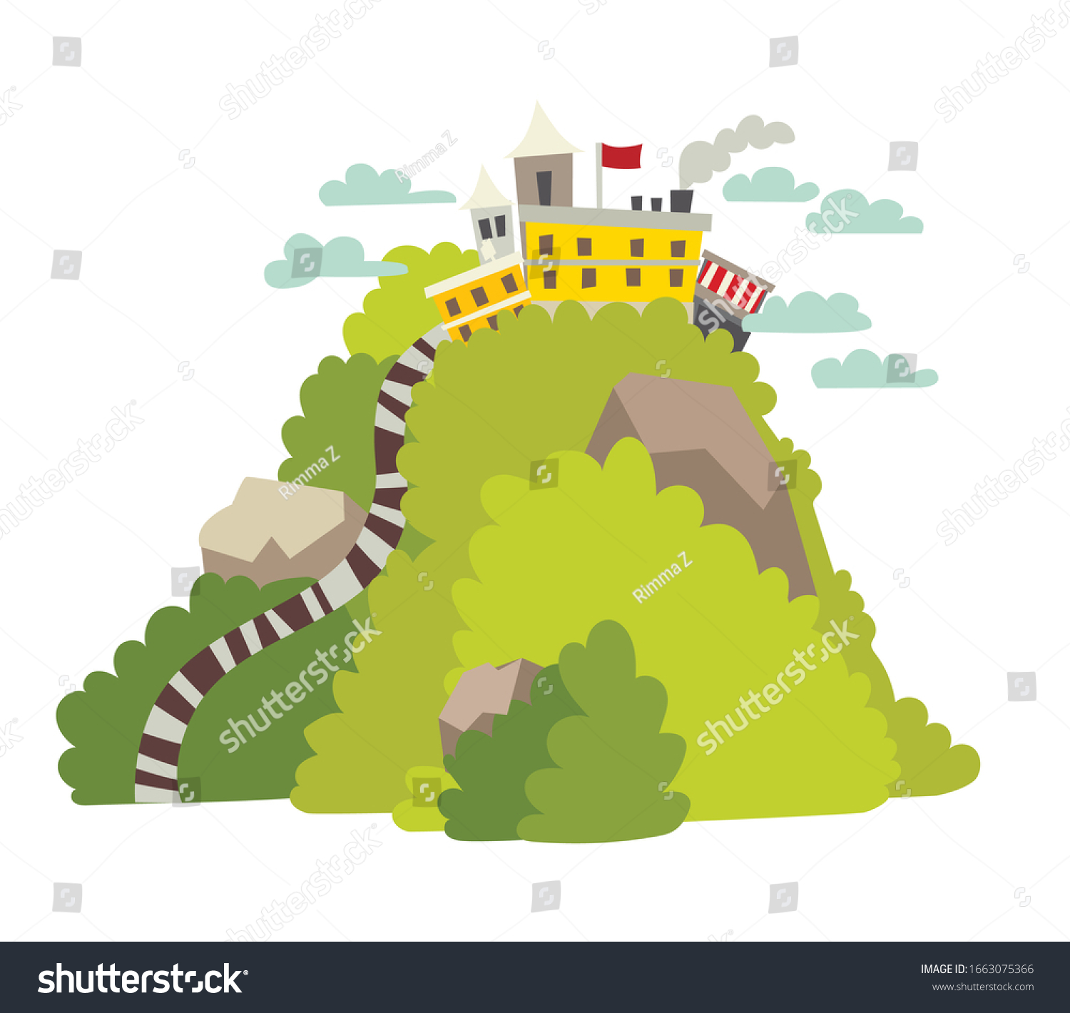 SVG of Big peak with fabulous city vector illustration. Fantastic green mountain Lanka cartoon style. Fantastic archticture and forest landscape. Isolated drawing icon on white background  svg