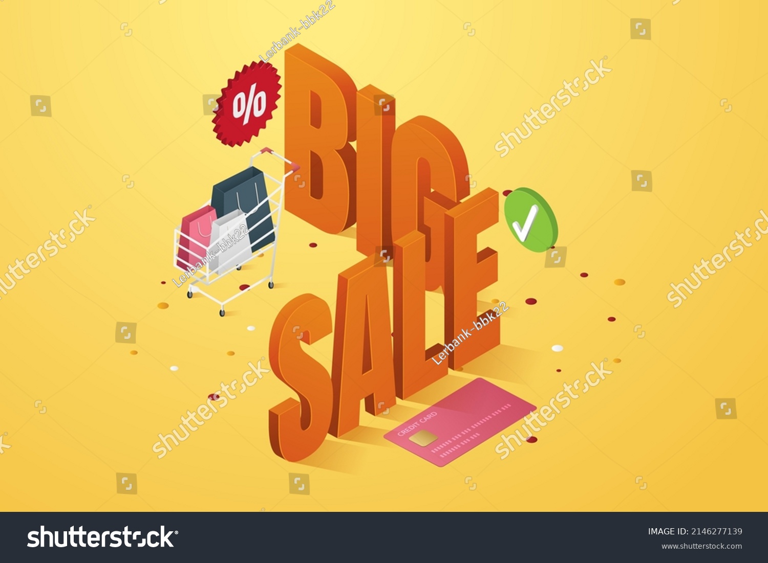 SVG of Big sale big discount, paper bag on cart, credit cardon yellow background. isometric vector illustration. svg