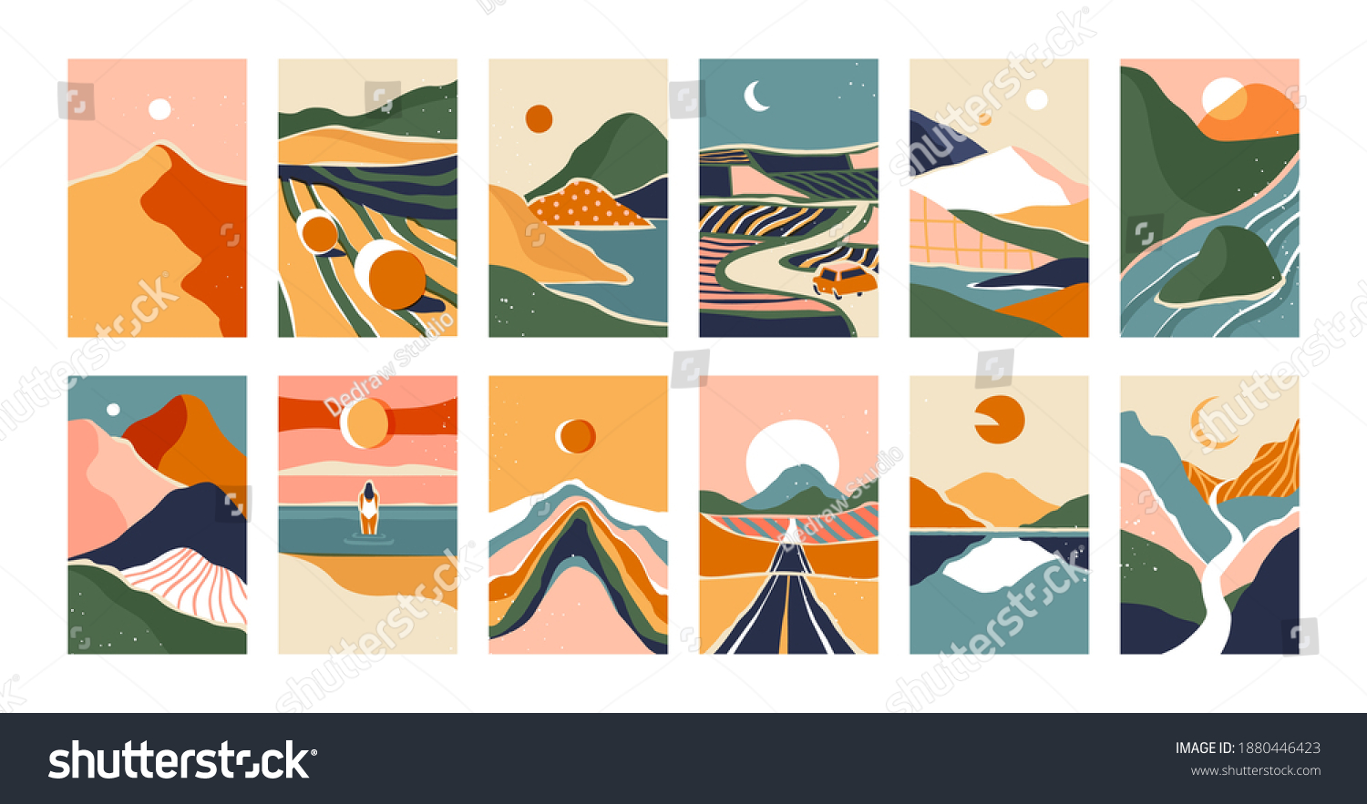 SVG of Big set of abstract mountain landscape banner collection. Trendy flat collage art style backgrounds of diverse vintage travel scenery. Nature environment, coast biome, multicolor hills, desert dunes. svg