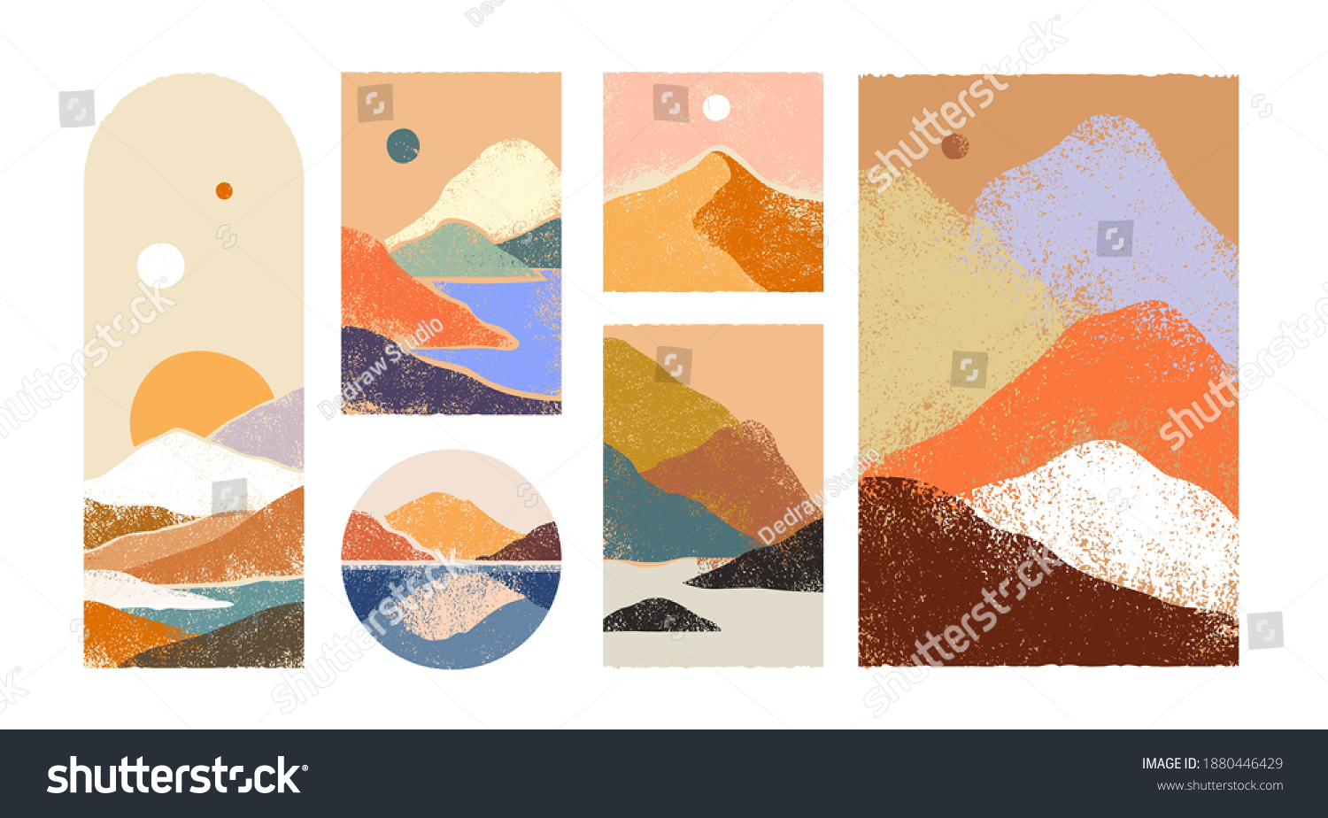 SVG of Big set of abstract mountain landscape collection. Trendy hand drawn mural art backgrounds of diverse travel scenery painting. Nature environment, coast biome, multicolor hills, desert dunes. svg