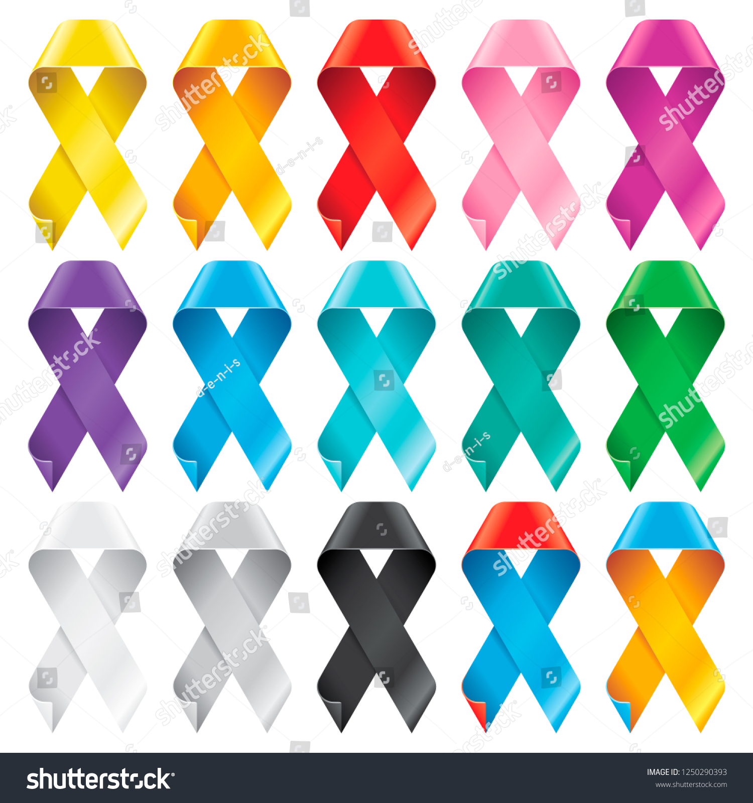 Big Set Awareness Ribbons Multicolored Symbols Stock Vector Royalty Free 1250290393