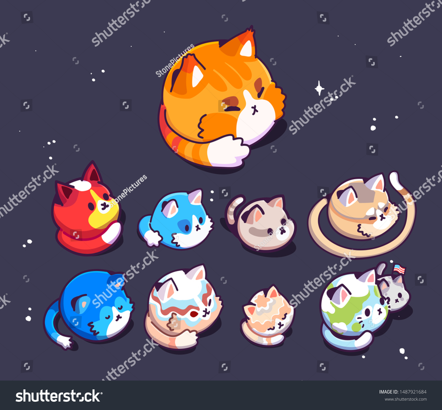 Vector Set With Cute Cats, Planets Stars In Space Cute Cats Astronauts