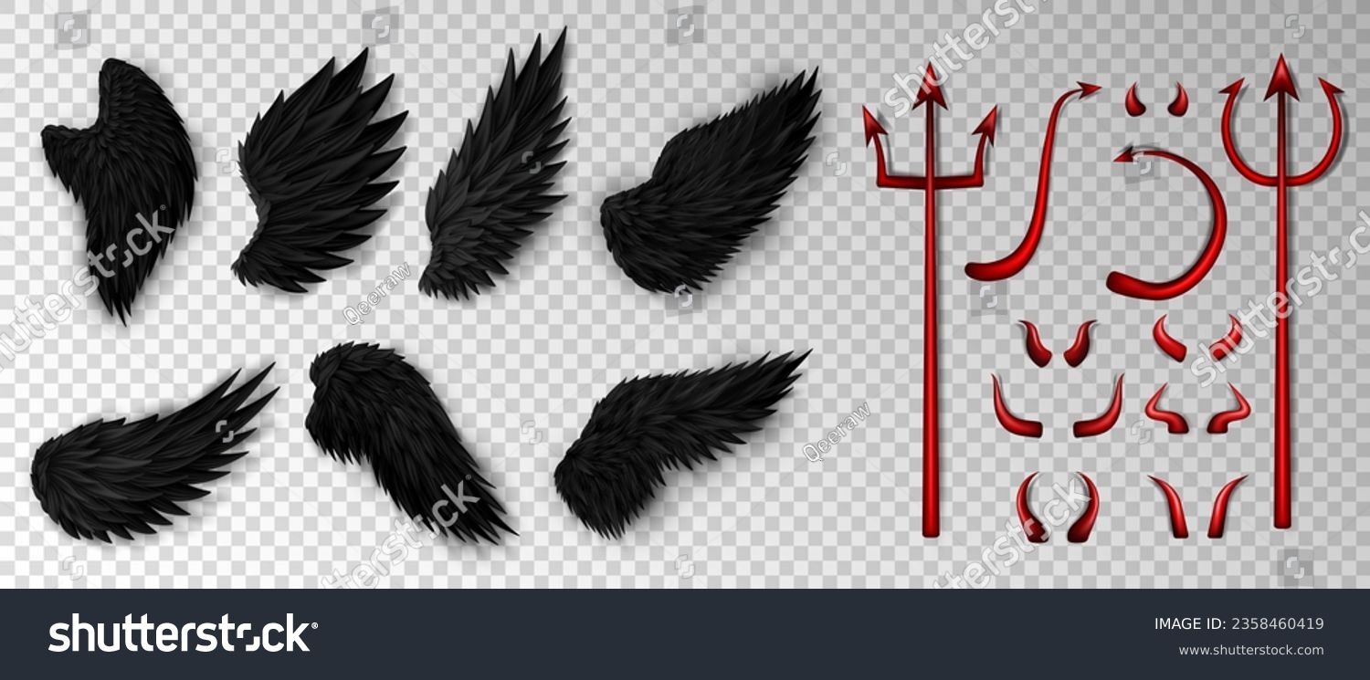 SVG of Big set of 3d realistic devil costume elements - red bloody trident, glossy horns, daemon tail and various three dimension devil black wings on transparent background svg