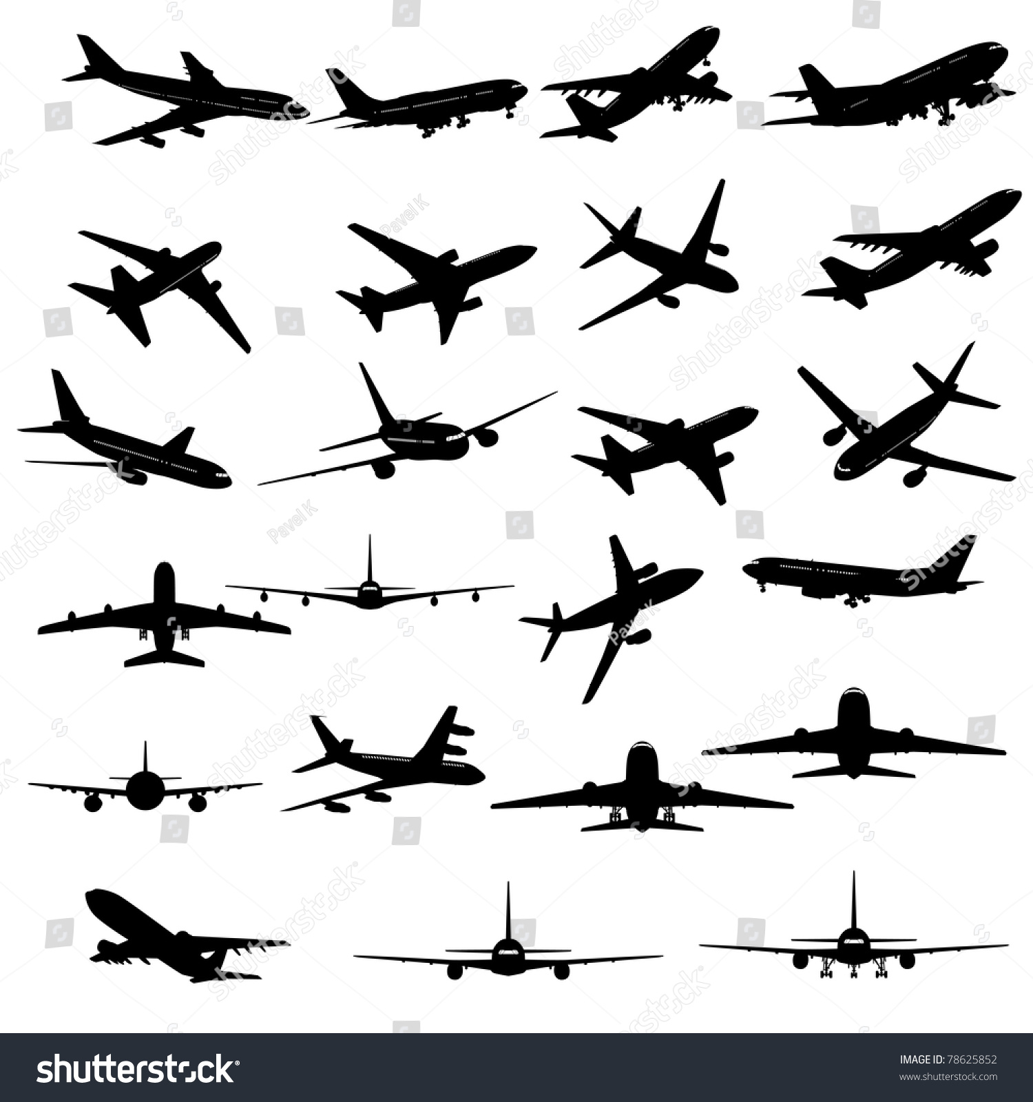SVG of Big Set of Different Kind of Airplanes Silhouettes. In Flight, Running, Takeoff, Landing, Front, Profile, Back, Up and Bottom Views. High Detail, Very Smooth. Vector Illustration.  svg