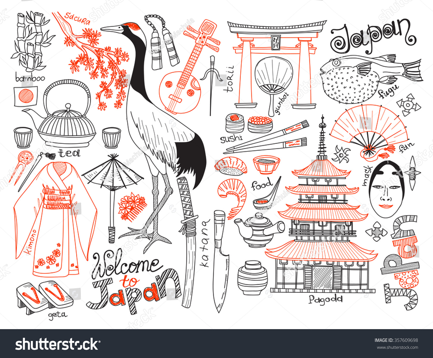 Big Set Japanese Related Hand Drawn Stock Vector 357609698 - Shutterstock