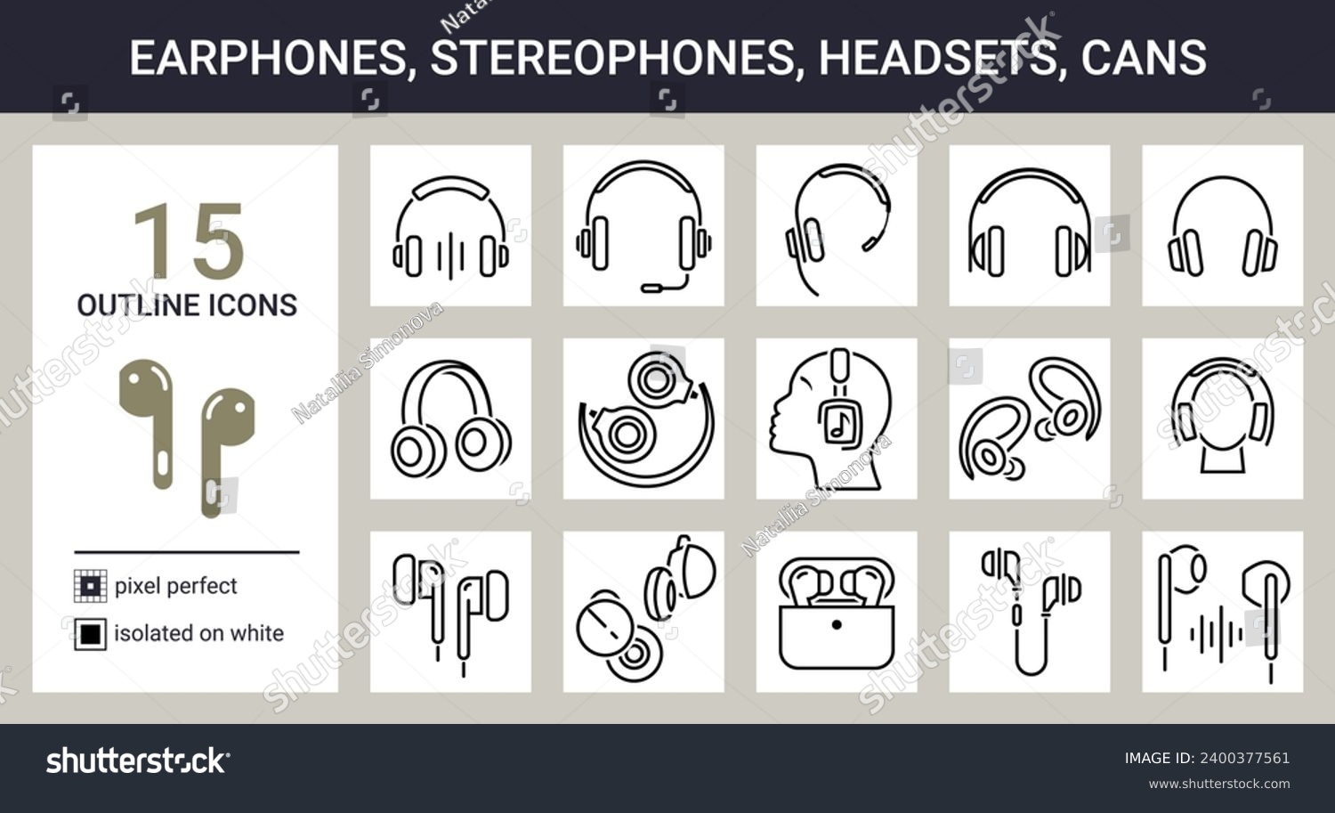 SVG of Big set of outline icons on white background. Earphones, in-ear headphones, stereo phones, headsets, cans etc. Pixel perfect. svg