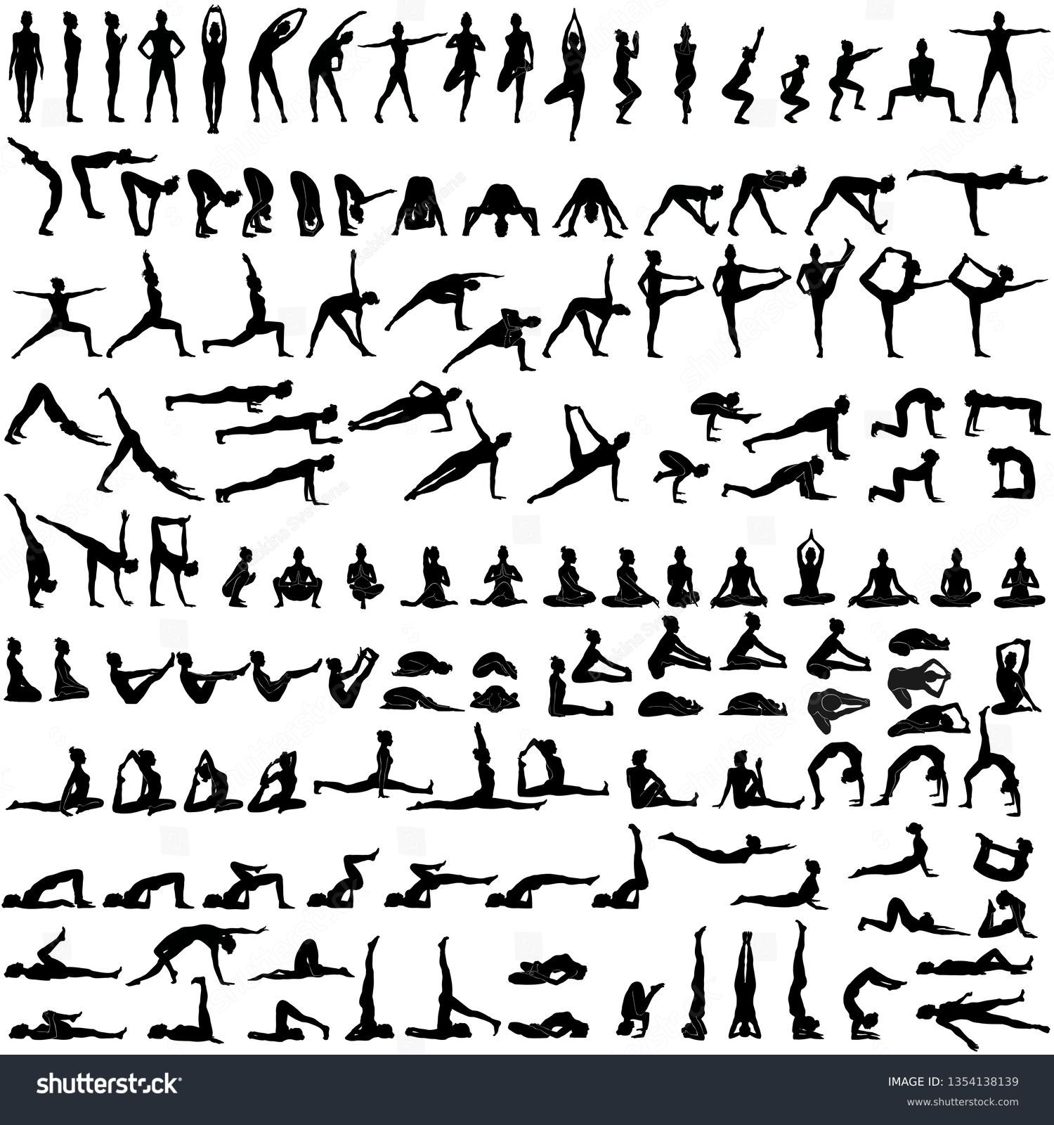 SVG of Big set of silhouettes of woman doing yoga exercises.  Icons of girl stretching and relaxing her body in many different yoga poses. Black shapes of woman isolated on white background. Yoga complex. svg