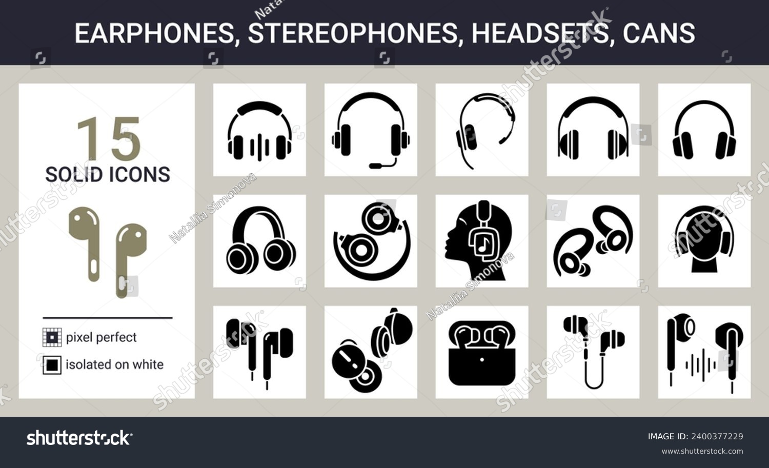 SVG of Big set of solid icons on white background. Earphones, in-ear headphones, stereo phones, headsets, cans etc. Pixel perfect. svg