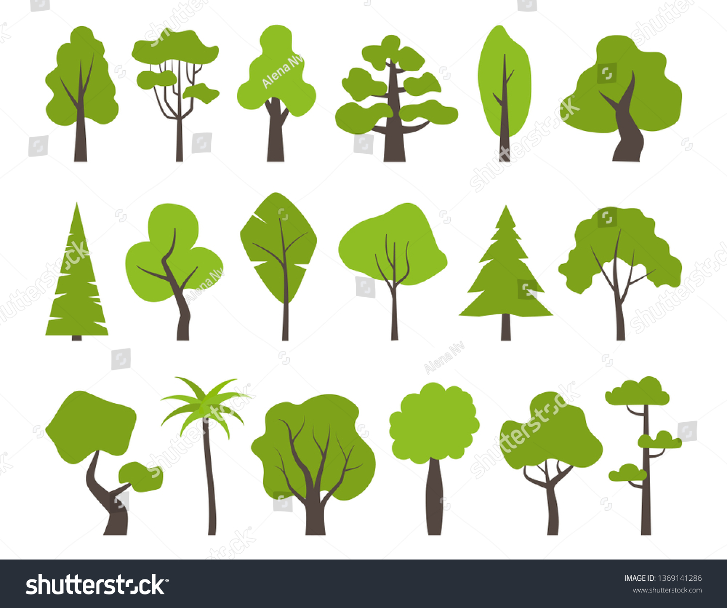 SVG of Big set of various trees. Tree icons set in a modern flat style. Pine, spruce, oak, birch, trunk, aspen, alder, poplar, chestnut, palm apple tree Vector illustration svg