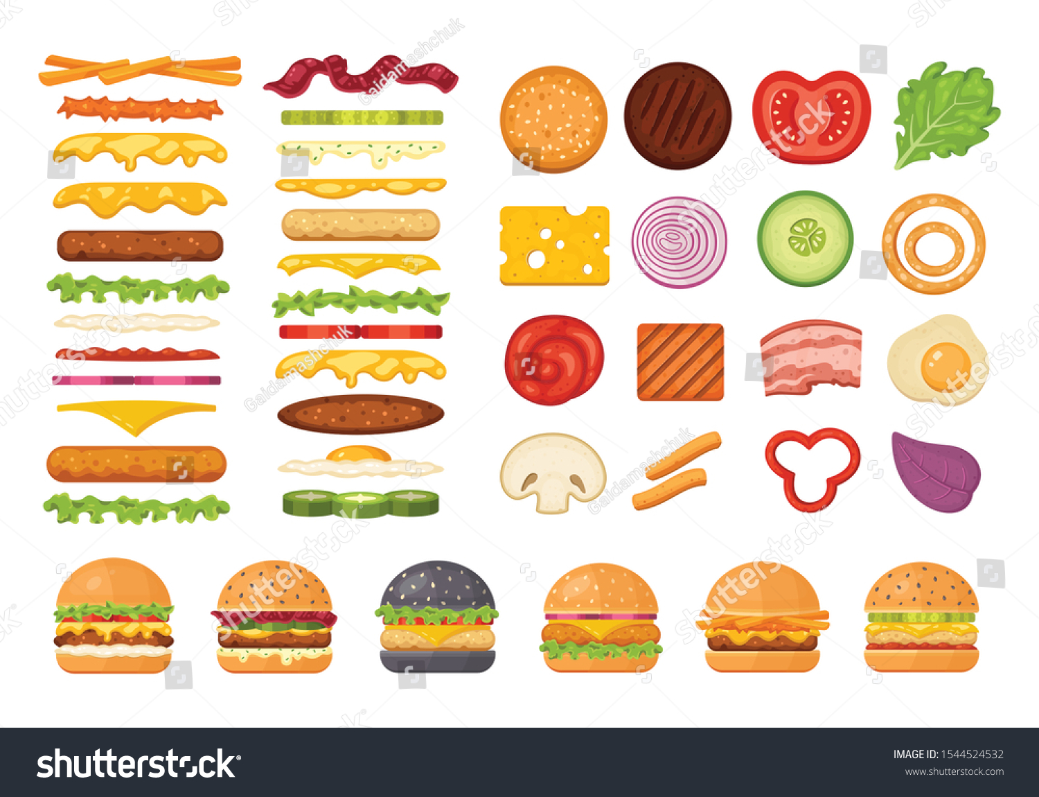 SVG of Big set of vector ingredients for burger and sandwich top view and front. Elements for different burgers isolated on white backgroud. Fastfood hamburger maker with flying ingredients. svg