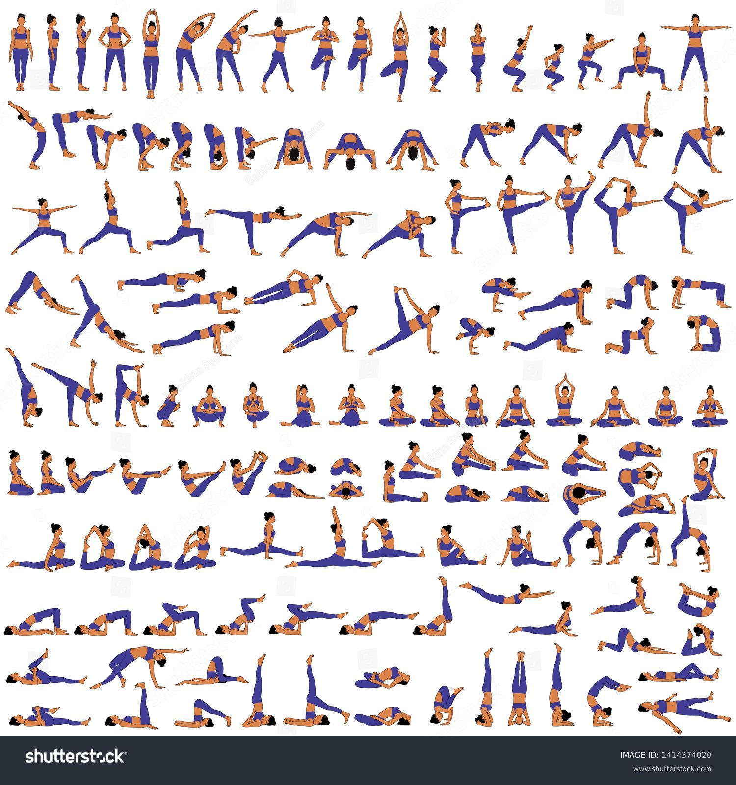 SVG of Big set of vector silhouettes of woman doing yoga exercises. Colored icons of a girl in many different yoga poses isolated on white background. Yoga complex. Fitness workout. svg