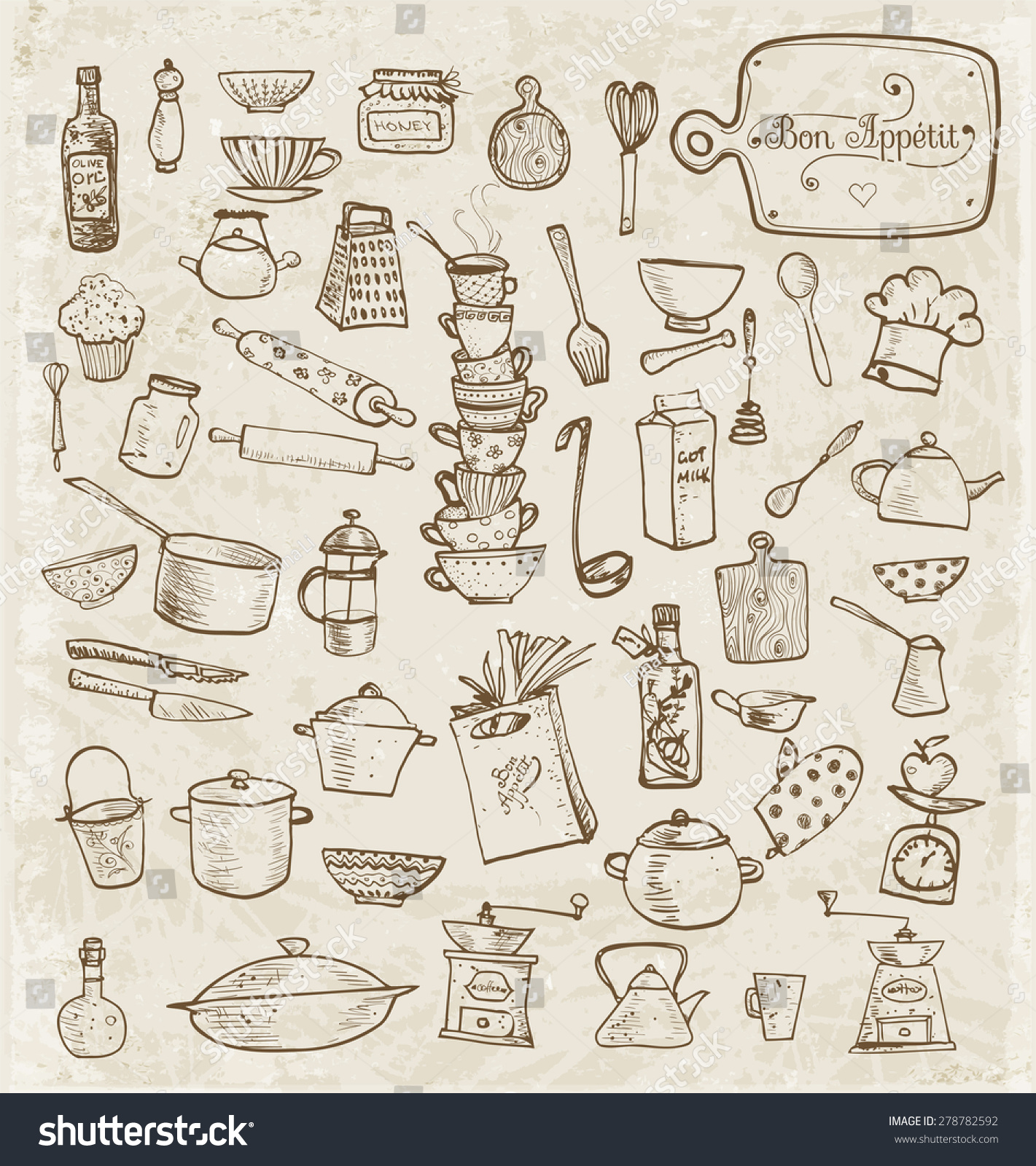 Big Set Vintage Kitchen Utensils Handdrawn Stock Vector 278782592 ...