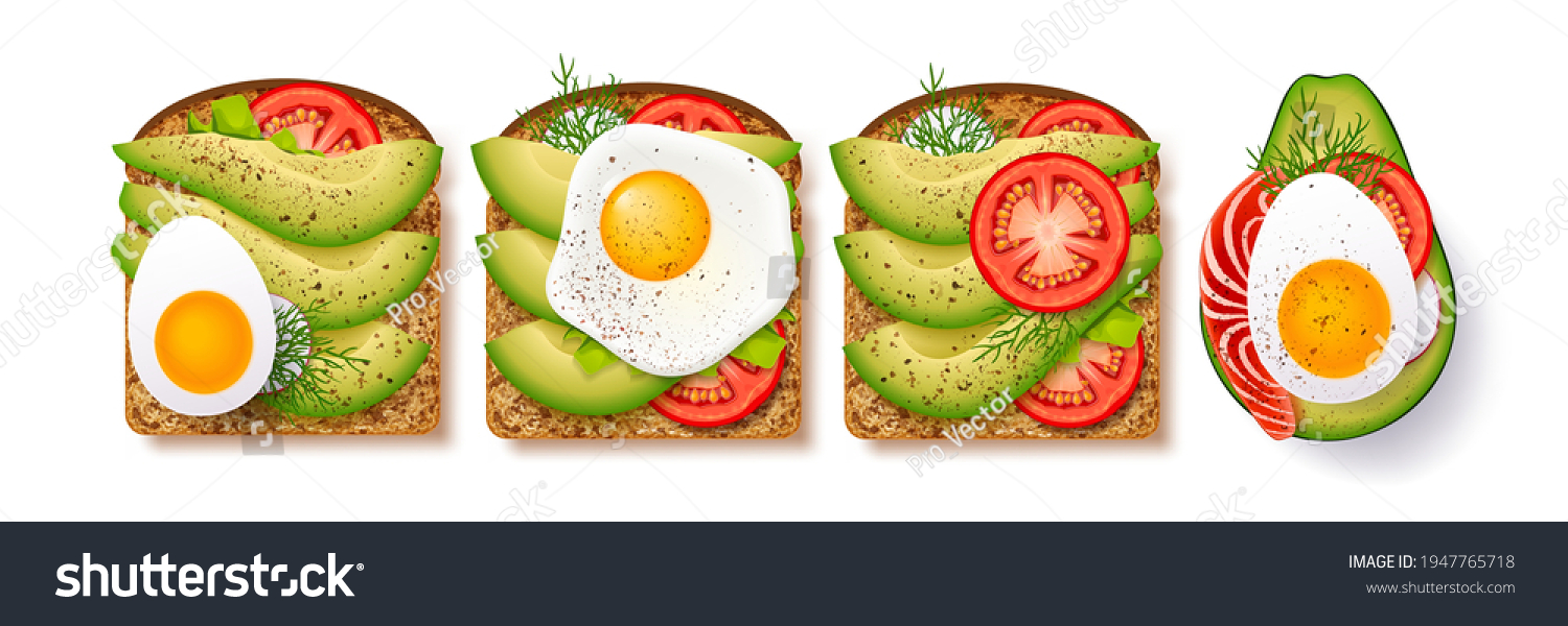SVG of Big set toasts with fresh slices of ripe avocado, seasoning and dill, tomato, fried egg and red fish. Delicious avocado sandwich. svg