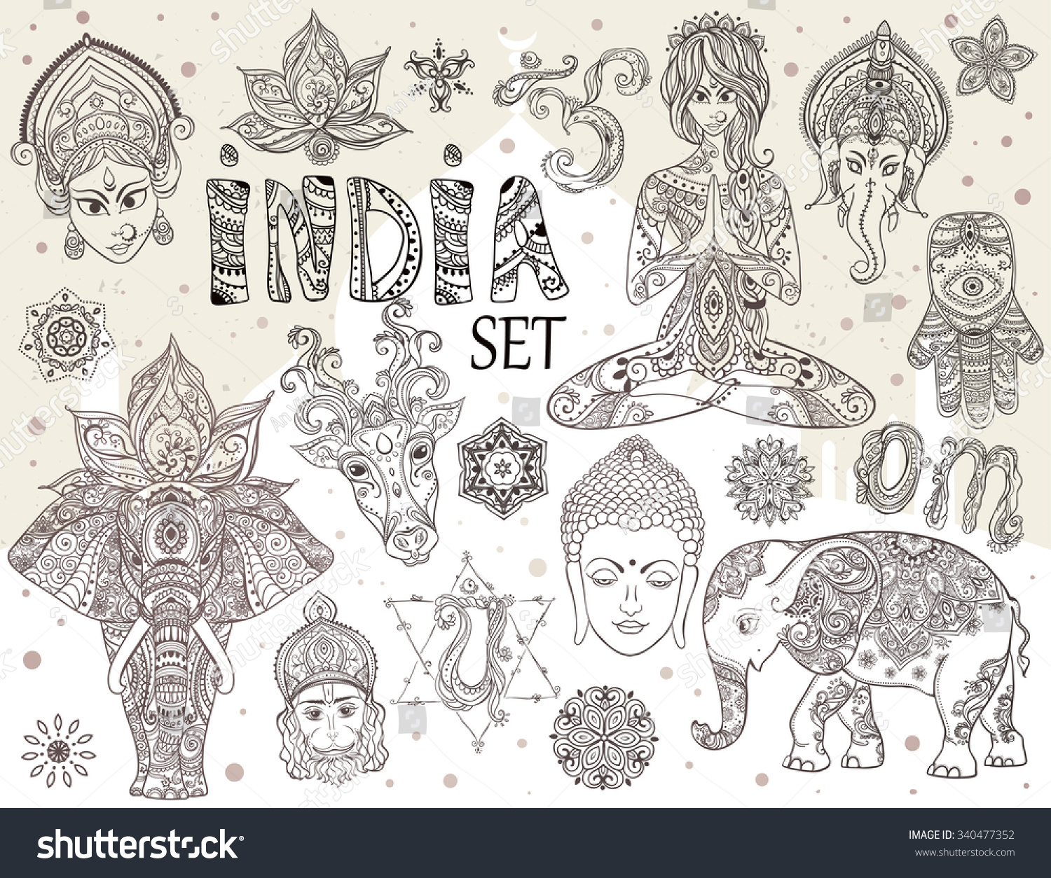 SVG of Big set with elements of Indian culture. Gods Ganesha, Navratri, Hanuman. Lord Buddha. Lotus, chakras, yoga posses. Ornamental elephant and mandalas. Hamsa for luck. Medallion, yoga, india, arabic svg