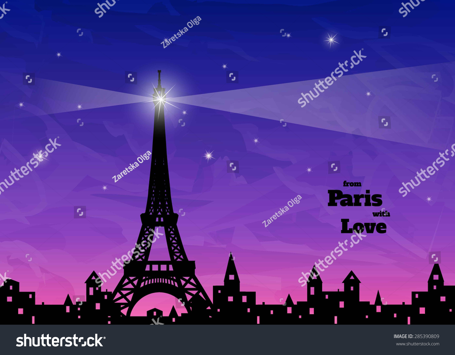 Big Star With Rays On Silhouette Of Eiffel Tower, Old Town With Holey ...