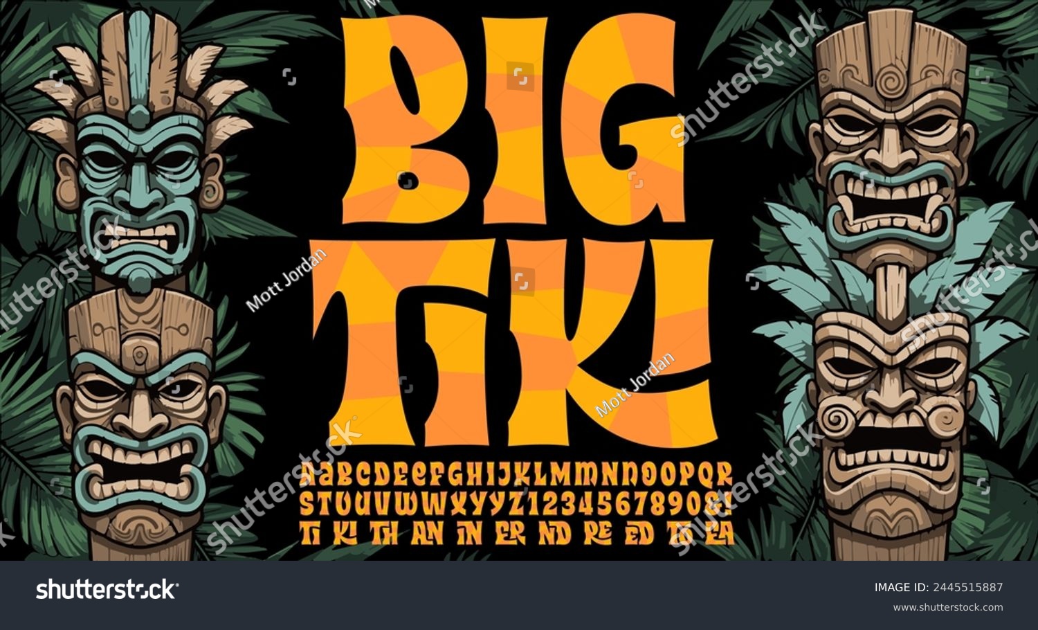 SVG of Big Tiki is a stylized alphabet with ligatures; includes four tiki head illustrations and palm leaves svg