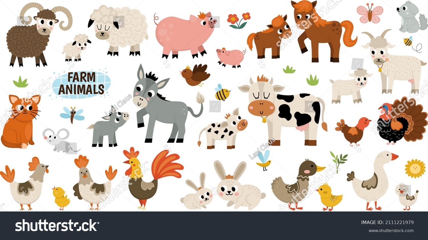 SVG of Big vector farm animals set. Big collection with cow, horse, goat, sheep, duck, hen, pig and their babies. Country birds illustration pack. Cute mother and baby icons. Rural themed nature collection
 svg