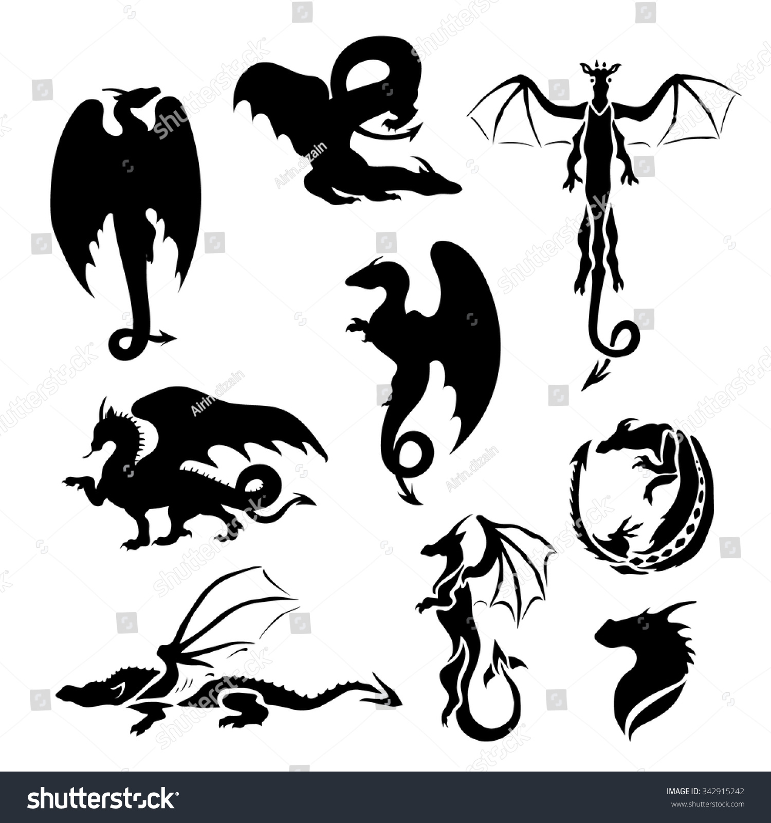 Big Vector Set Dragons Silhouettes Tattoo Stock Vector (Royalty Free ...