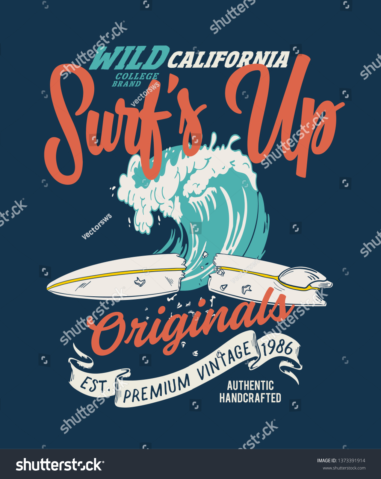 Big Wave Surfing Illustration Typography Design Stock Vector (Royalty ...