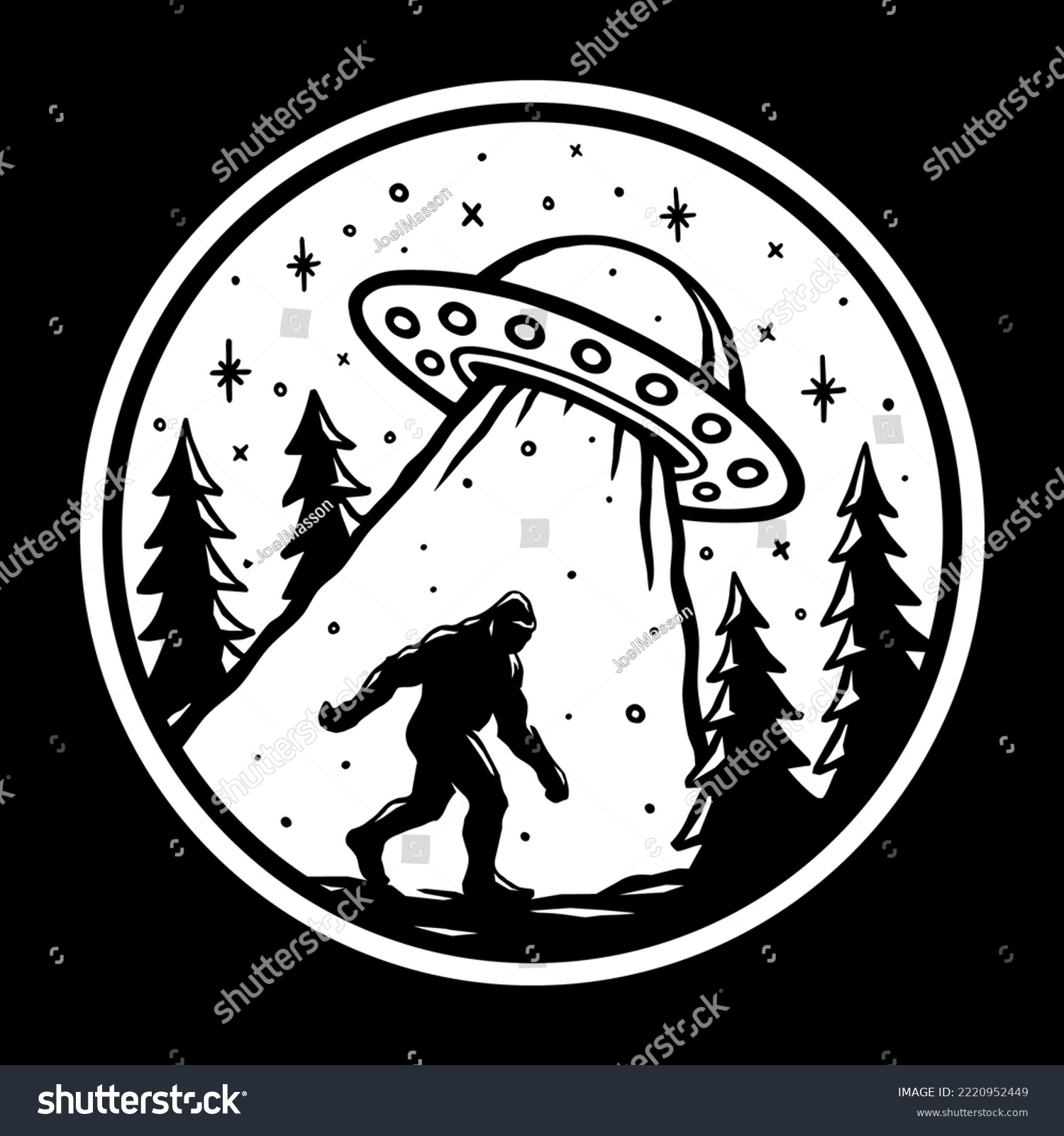 SVG of Bigfoot alien abduction sticker design. Sasquatch UFO doodle drawing. Flying saucer cryptid t-shirt design. Otherworldly space ape vector illustration. svg