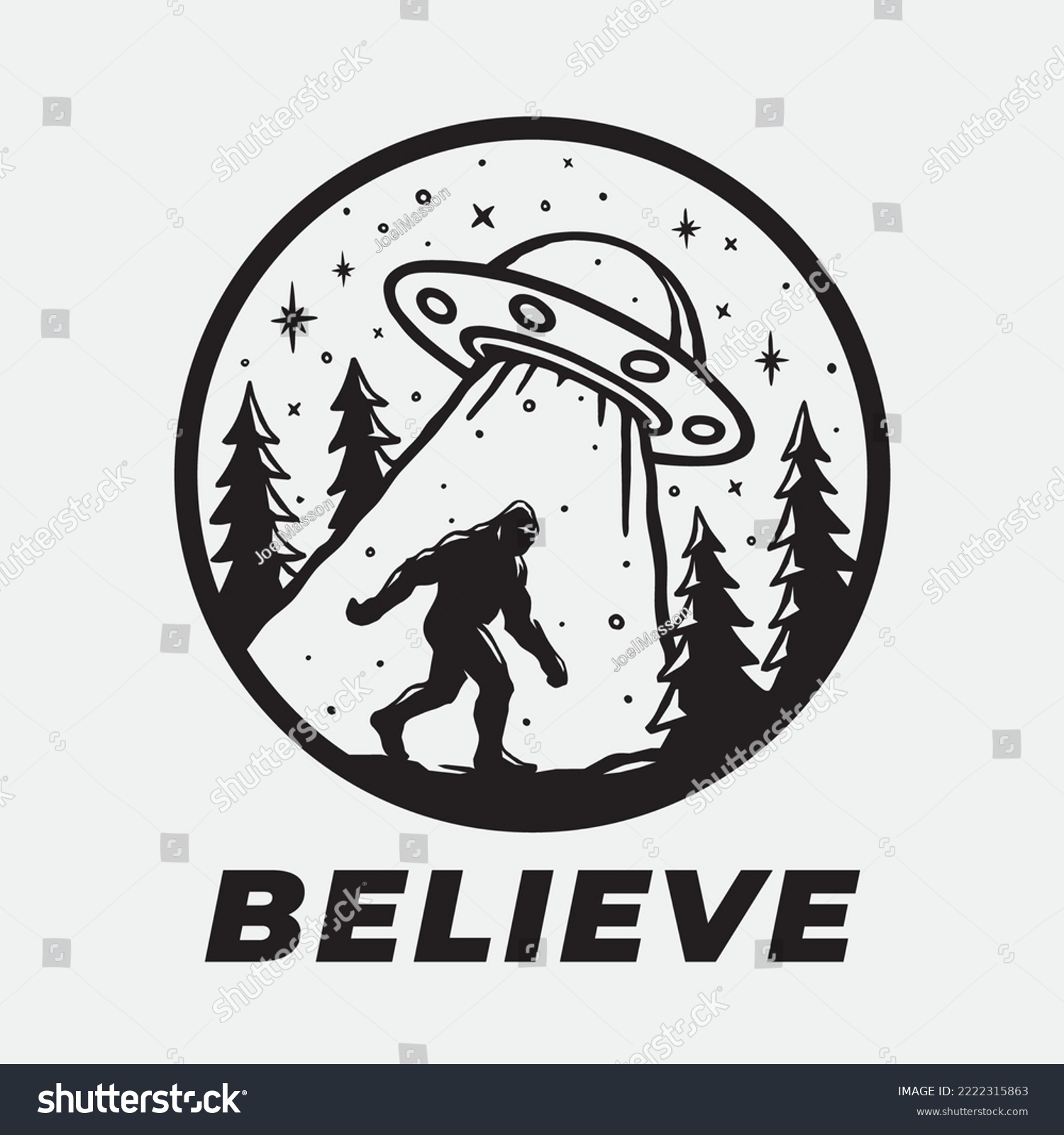 SVG of Bigfoot and UFO sticker design. Sasquatch alien abduction art. Flying saucer cryptid believe t-shirt design. Vector illustration. svg