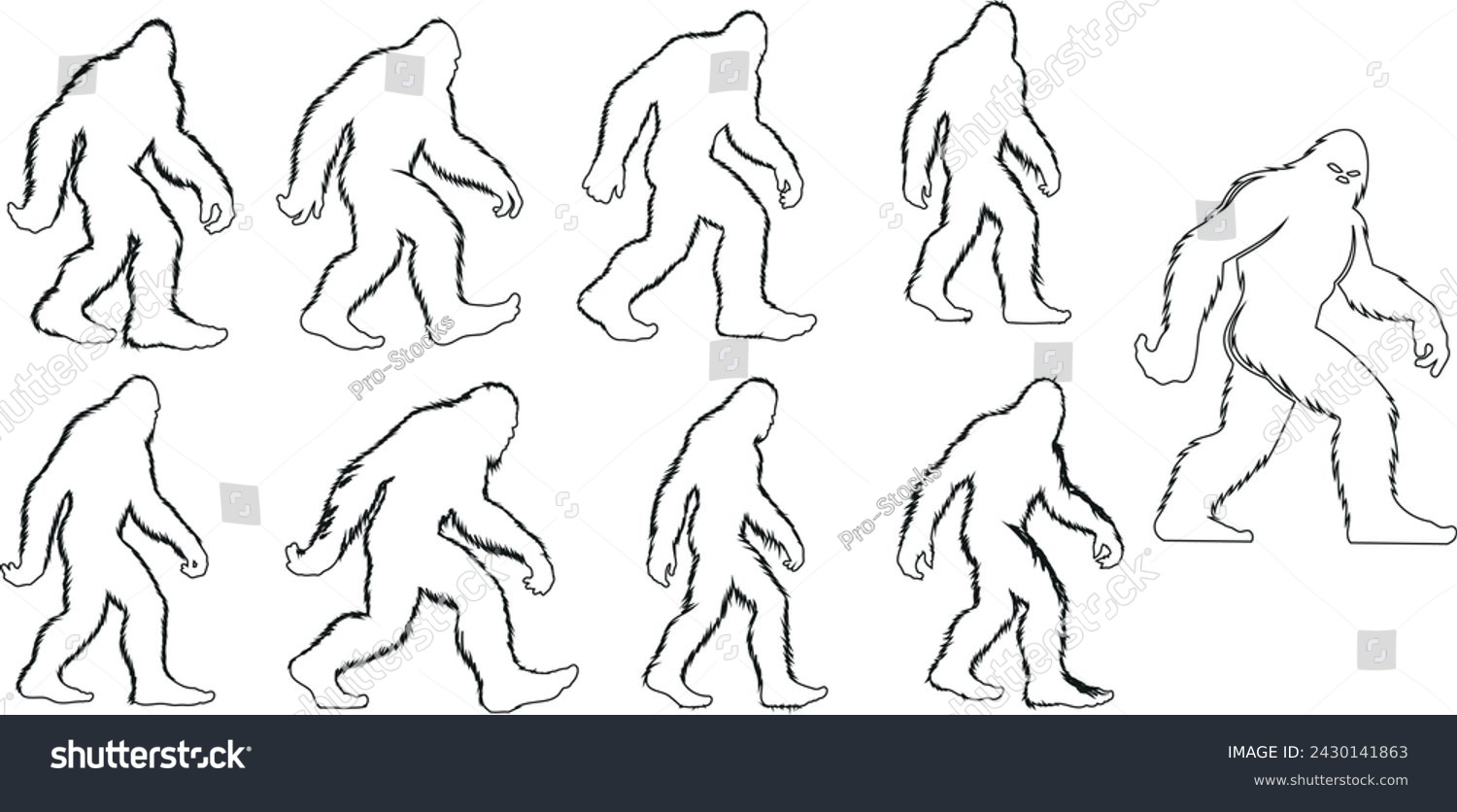 SVG of Bigfoot line art, mythical creature illustration, perfect for cryptology, mystery themes, and wilderness exploration. Captures the enigmatic Bigfoot in motion, ideal for engaging content svg
