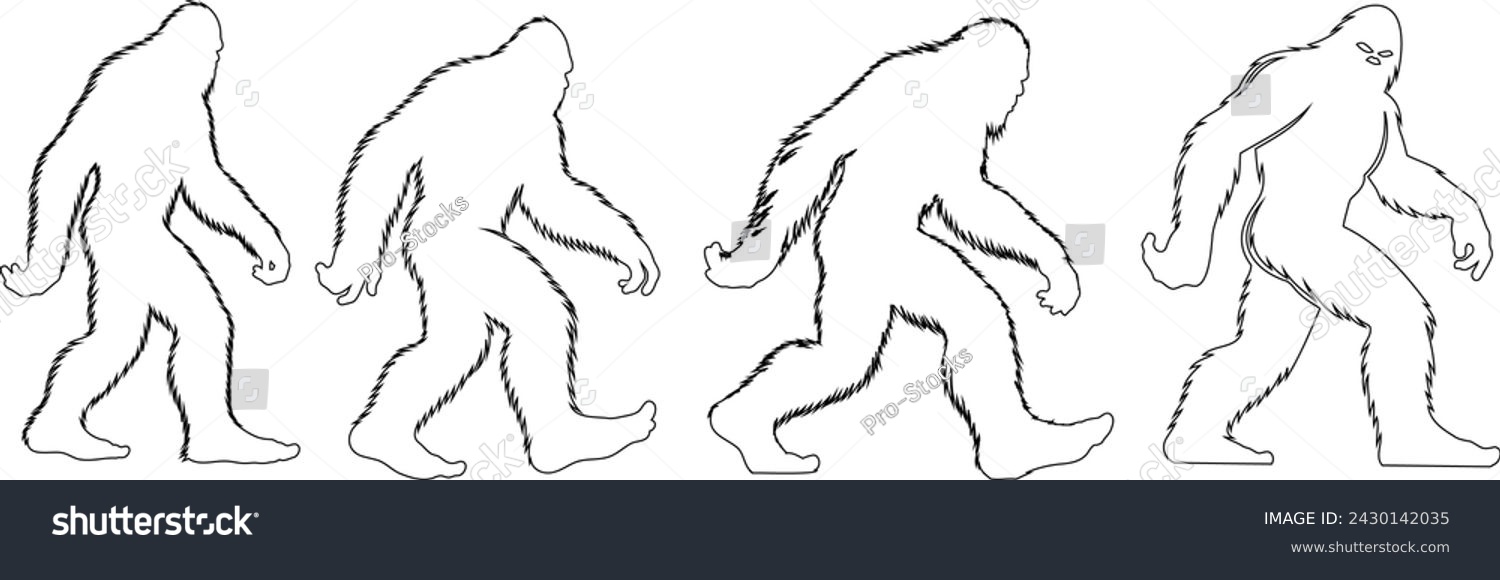 SVG of Bigfoot line art, mythical creature illustration, perfect for cryptology, mystery themes, and wilderness exploration. Captures the enigmatic Bigfoot in motion, ideal for engaging content svg