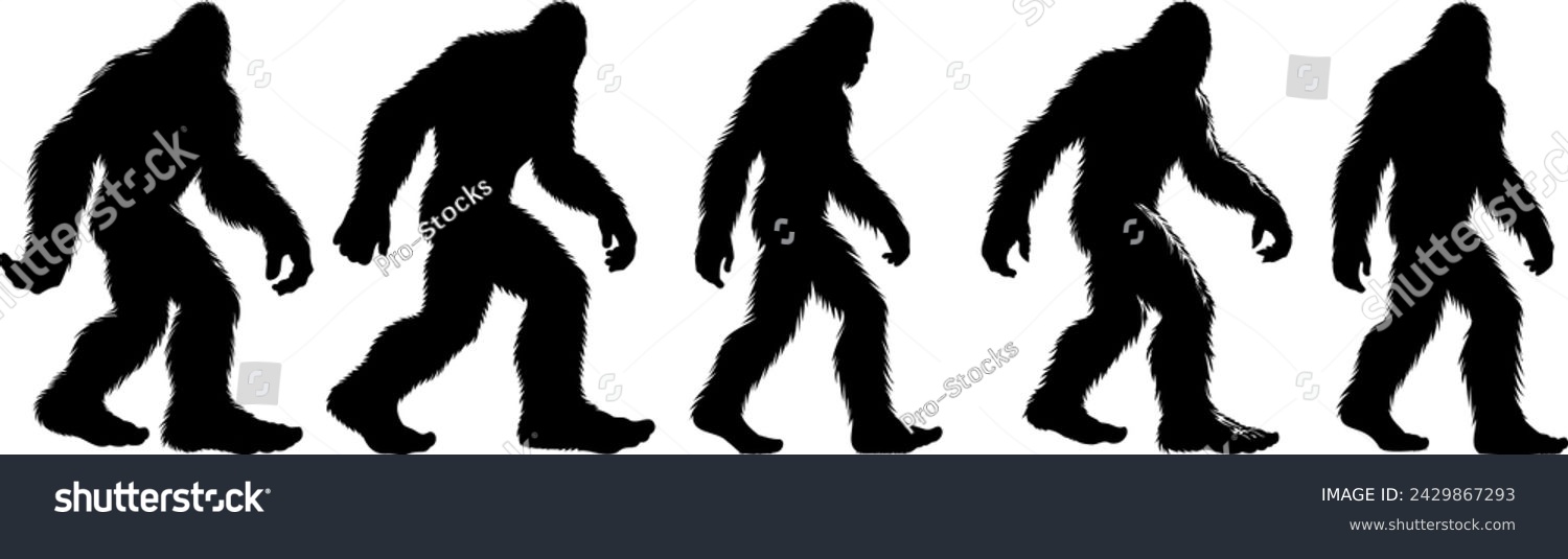 SVG of Bigfoot, mythical creature, silhouette sequence. Five black silhouettes of Bigfoot in various walking positions on a white background. Ideal for mysterious, folklore, and cryptid designs svg