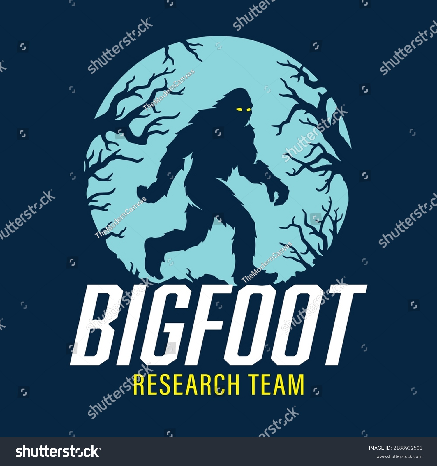 SVG of Bigfoot research team poster. Full moon sasquatch silhouette walking logo. Hairy wild man cryptid sign. Mythical forest creature in the dark woods graphic. Vector illustration. svg