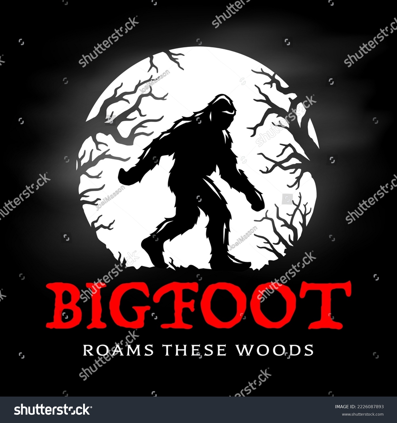 SVG of Bigfoot roams these woods graphic. Sasquatch full moon silhouette. Hairy wild man creature in the forest. Mythical cryptid skunk-ape poster. Vector illustration. svg