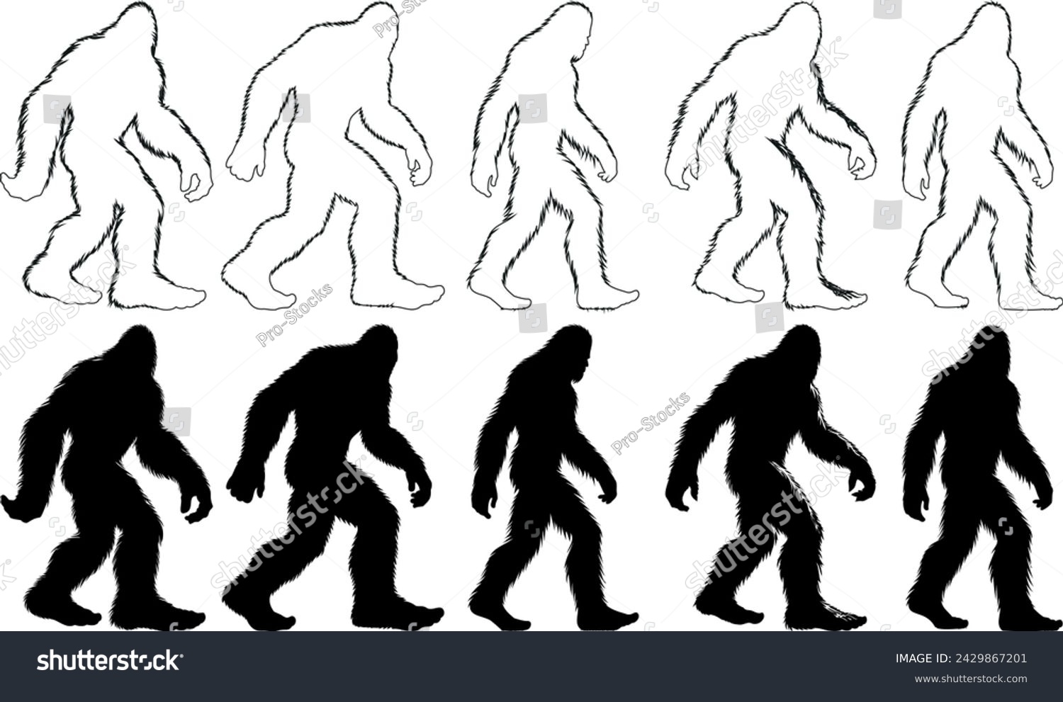 SVG of Bigfoot silhouette mythical creature, vector illustration. Black and white silhouettes, bigfoot walking pose. Perfect for cryptology, mystery, folklore content svg