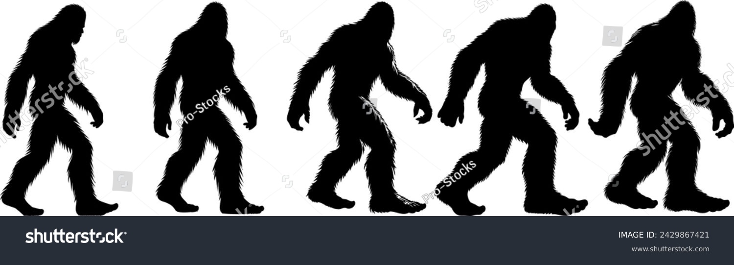 SVG of Bigfoot silhouette sequence, mythical creature in various walking positions. Perfect for cryptozoology, mystery themed content. Ape like figure, black against white background svg